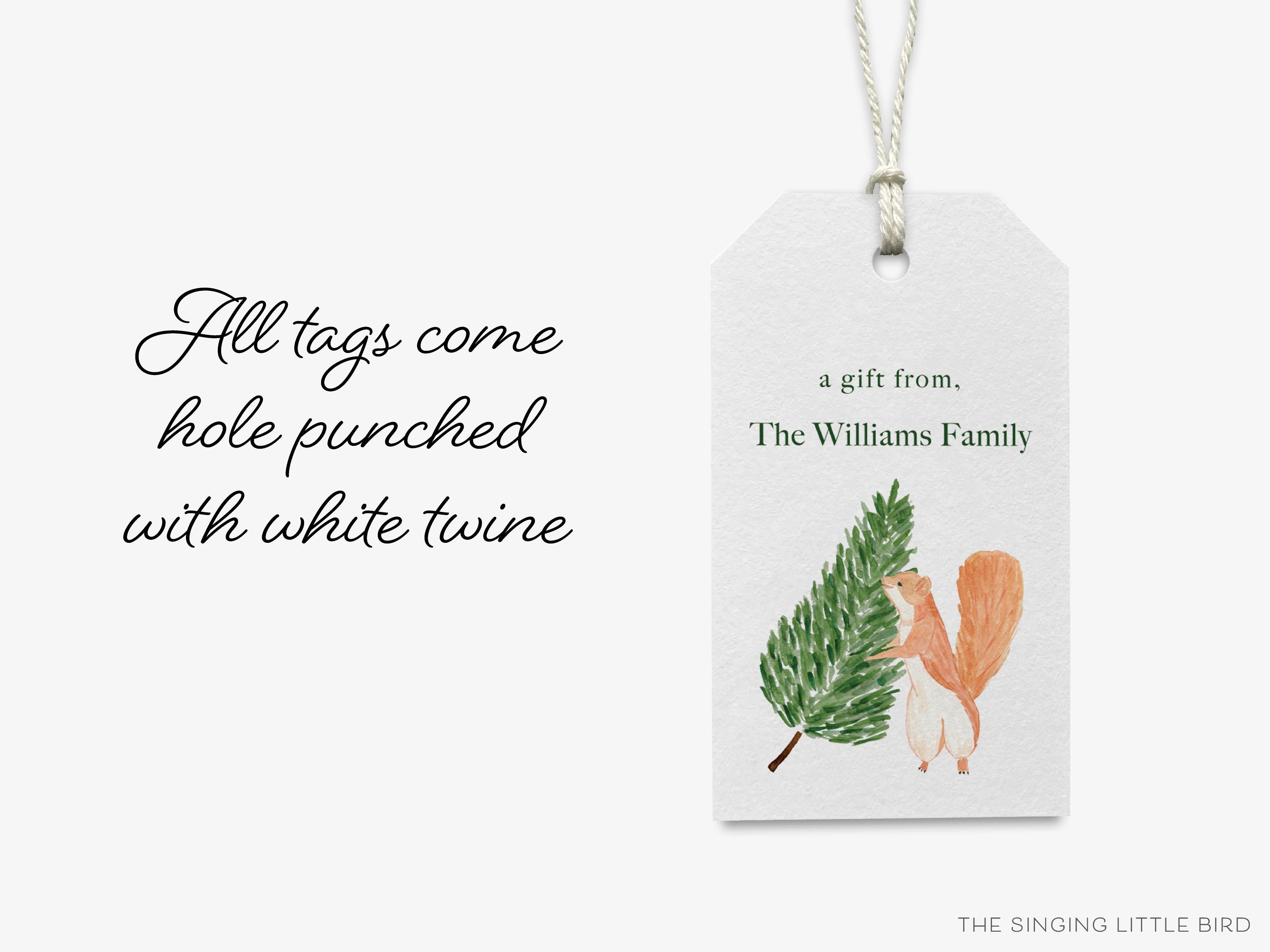 Personalized Tree Squirrel Christmas Gift Tags-These gift tags come in sets, hole-punched with white twine and feature our hand-painted watercolor evergreen tree and squirrel, printed in the USA on 120lb textured stock. They make great tags for gifting or gifts for the holiday lover in your life.-The Singing Little Bird