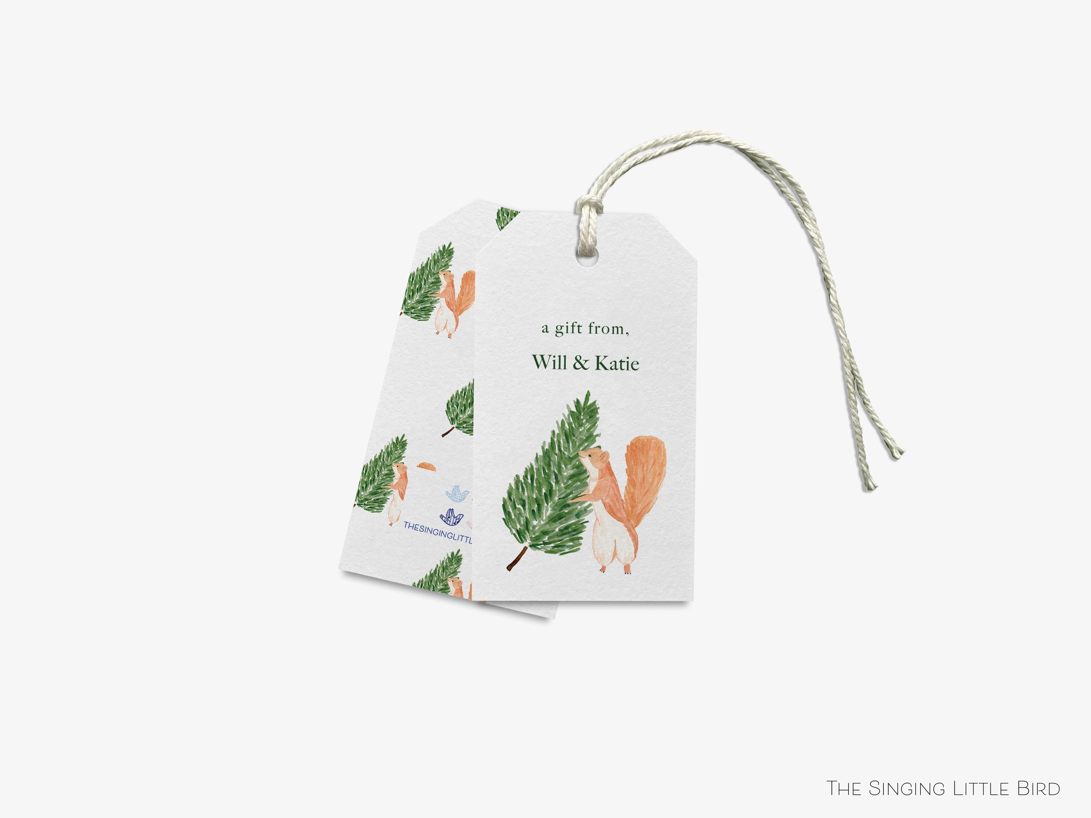 Personalized Tree Squirrel Christmas Gift Tags-These gift tags come in sets, hole-punched with white twine and feature our hand-painted watercolor evergreen tree and squirrel, printed in the USA on 120lb textured stock. They make great tags for gifting or gifts for the holiday lover in your life.-The Singing Little Bird