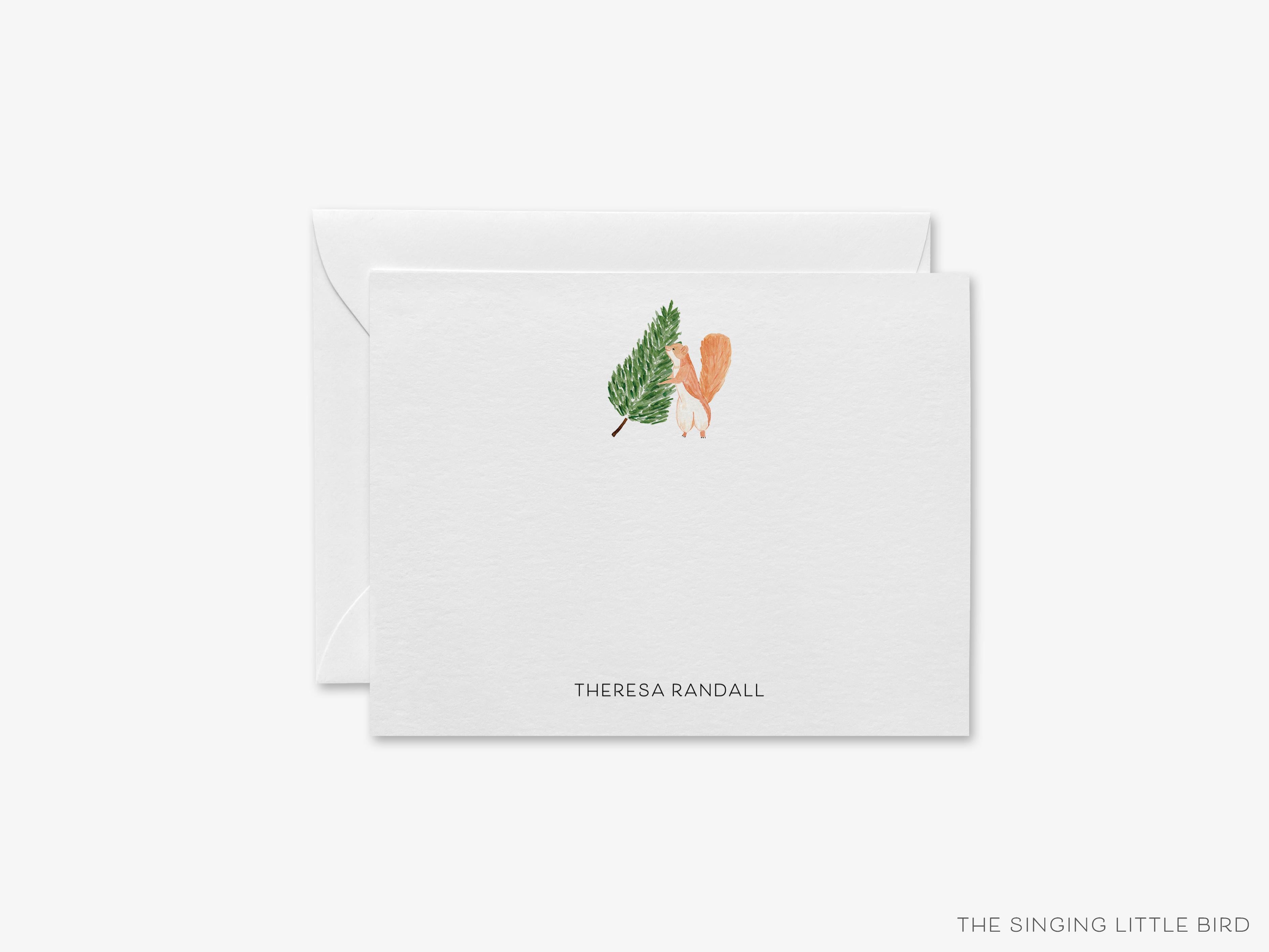 Personalized Tree Squirrel Flat Notes-These personalized flat notecards are 4.25x5.5 and feature our hand-painted watercolor evergreen tree and squirrel, printed in the USA on 120lb textured stock. They come with your choice of envelopes and make great thank yous and gifts for the animal lover in your life.-The Singing Little Bird