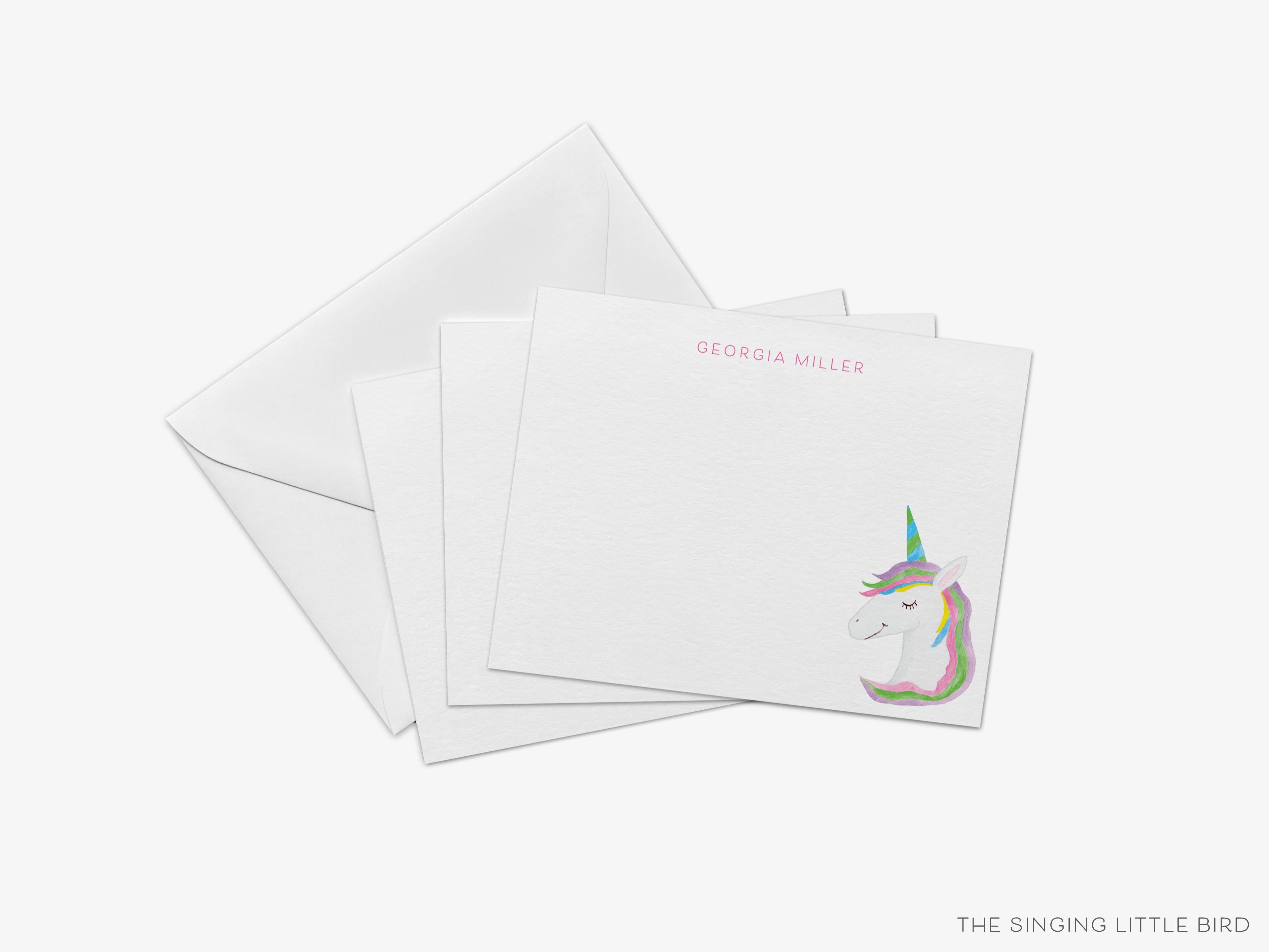 Personalized Unicorn Flat Notes-These personalized flat notecards are 4.25x5.5 and feature our hand-painted watercolor Unicorn, printed in the USA on 120lb textured stock. They come with your choice of envelopes and make great thank yous and gifts for the make-believe lover in your life.-The Singing Little Bird