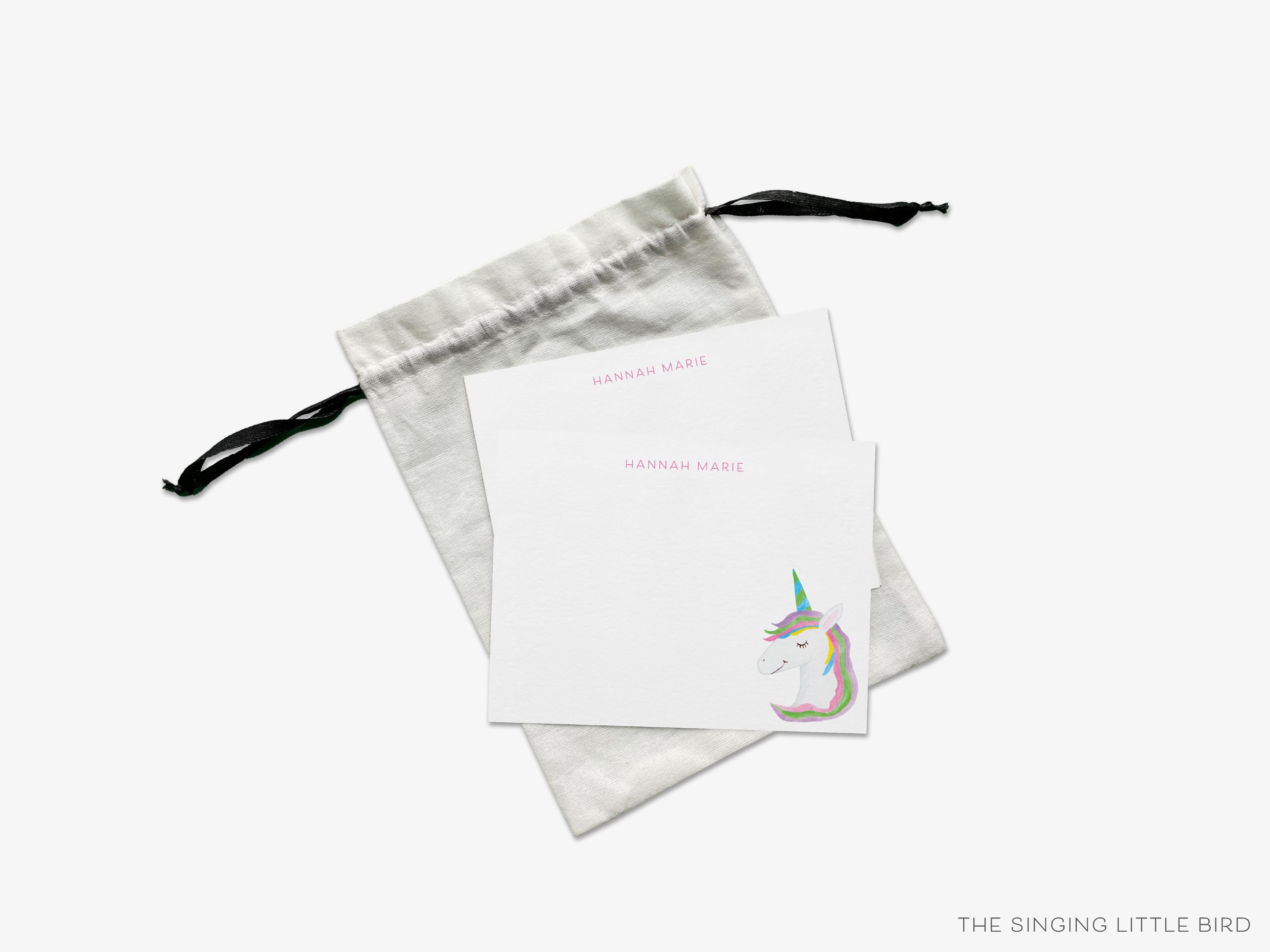 Personalized Unicorn Flat Notes-These personalized flat notecards are 4.25x5.5 and feature our hand-painted watercolor Unicorn, printed in the USA on 120lb textured stock. They come with your choice of envelopes and make great thank yous and gifts for the make-believe lover in your life.-The Singing Little Bird