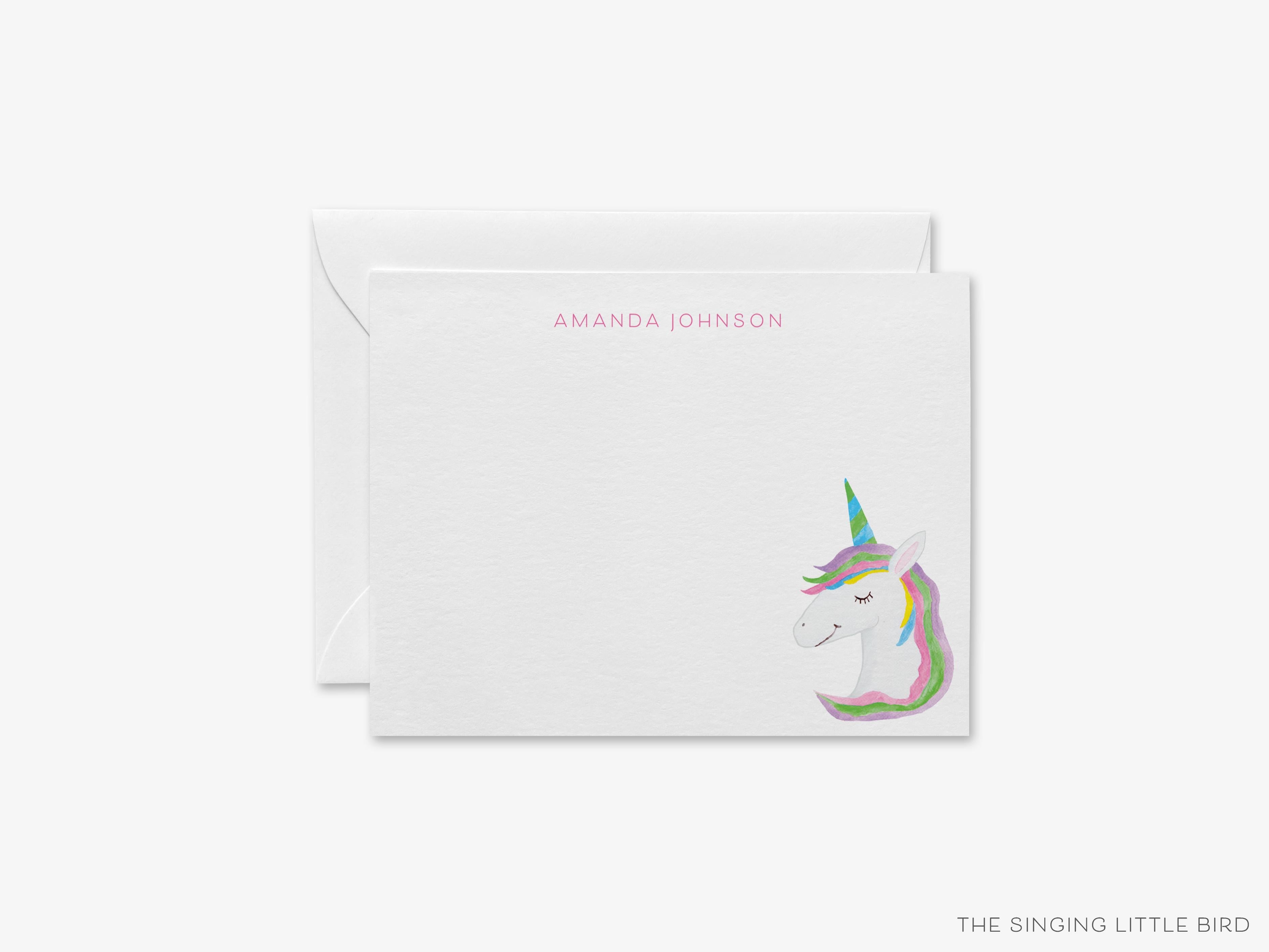 Personalized Unicorn Flat Notes-These personalized flat notecards are 4.25x5.5 and feature our hand-painted watercolor Unicorn, printed in the USA on 120lb textured stock. They come with your choice of envelopes and make great thank yous and gifts for the make-believe lover in your life.-The Singing Little Bird