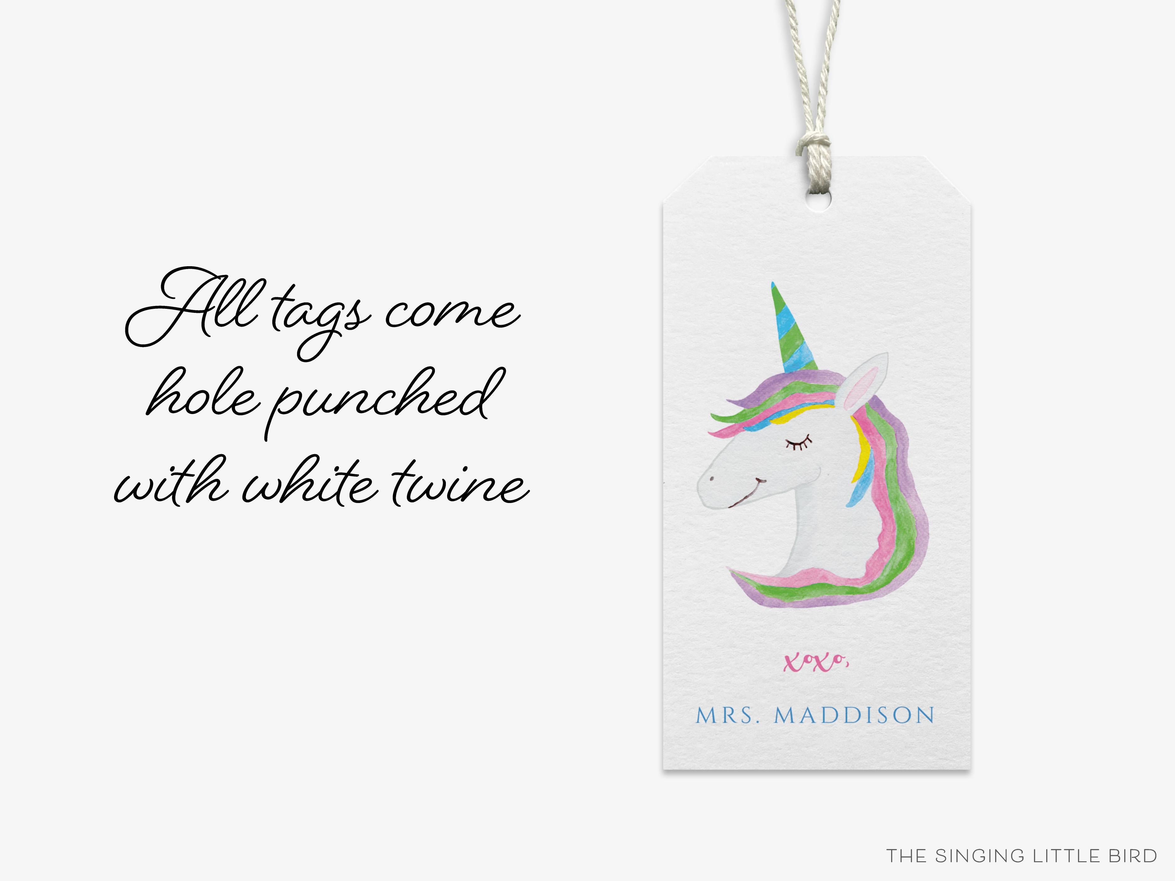 Personalized Unicorn Gift Tags-These gift tags come in sets, hole-punched with white twine and feature our hand-painted watercolor unicorns, printed in the USA on 120lb textured stock. They make great tags for gifting or gifts for the magical kid in your life.-The Singing Little Bird