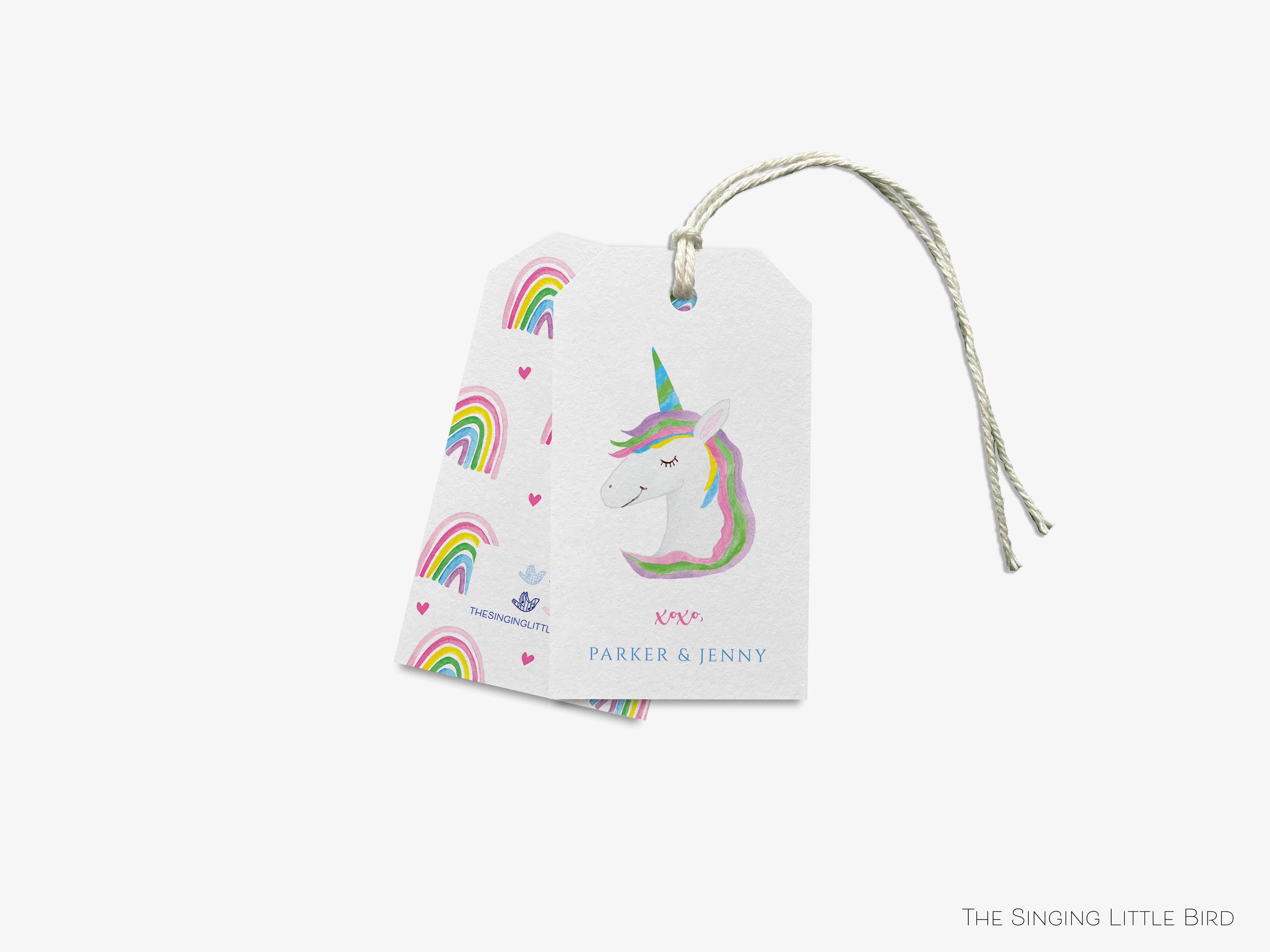 Personalized Unicorn Gift Tags-These gift tags come in sets, hole-punched with white twine and feature our hand-painted watercolor unicorns, printed in the USA on 120lb textured stock. They make great tags for gifting or gifts for the magical kid in your life.-The Singing Little Bird