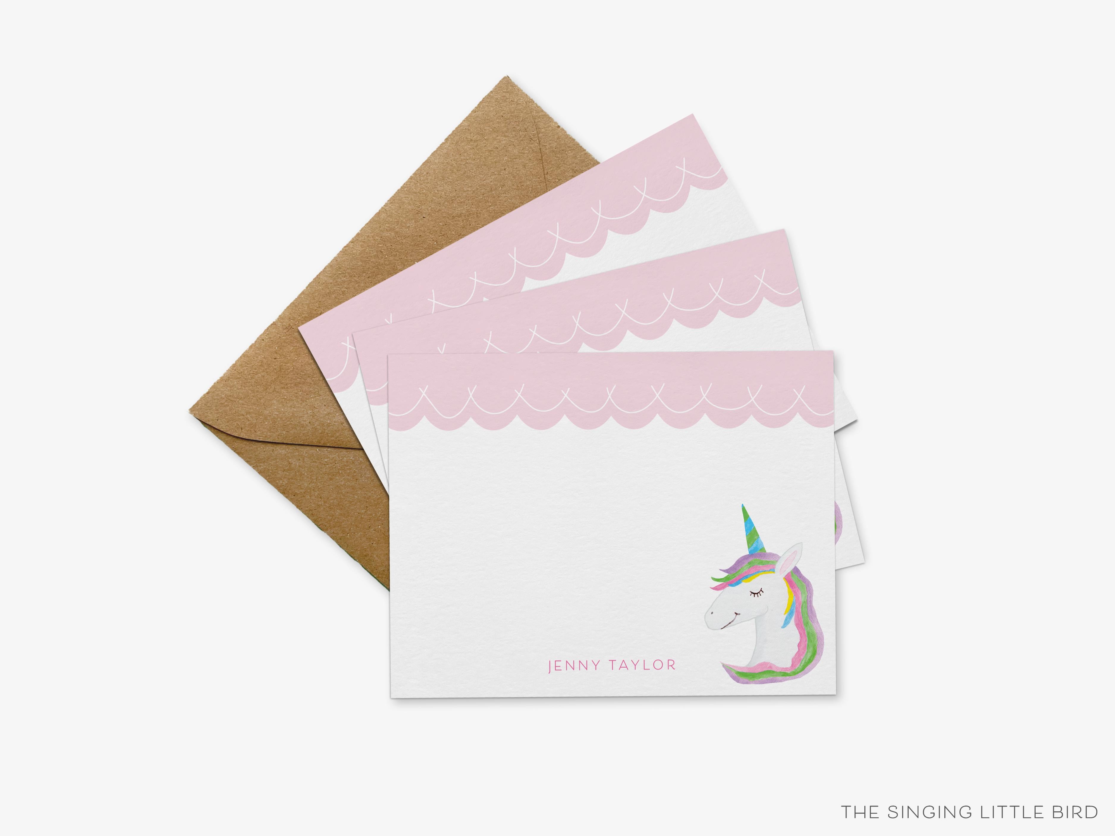 Personalized Unicorn Scalloped Flat Notes-These personalized flat notecards are 4.25x5.5 and feature our hand-painted watercolor Unicorn, printed in the USA on 120lb textured stock. They come with your choice of envelopes and make great thank yous and gifts for the make-believe lover in your life.-The Singing Little Bird