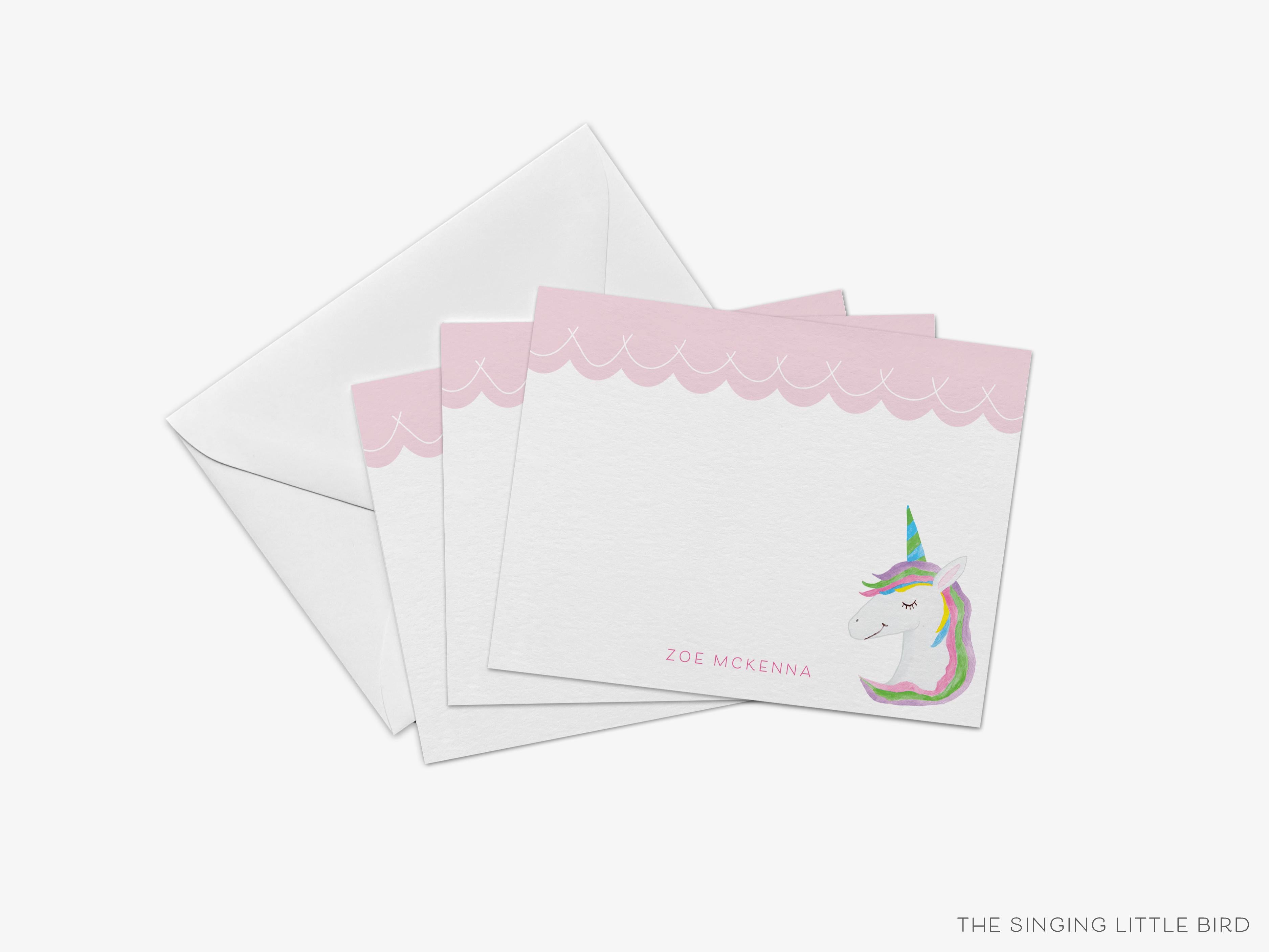 Personalized Unicorn Scalloped Flat Notes-These personalized flat notecards are 4.25x5.5 and feature our hand-painted watercolor Unicorn, printed in the USA on 120lb textured stock. They come with your choice of envelopes and make great thank yous and gifts for the make-believe lover in your life.-The Singing Little Bird