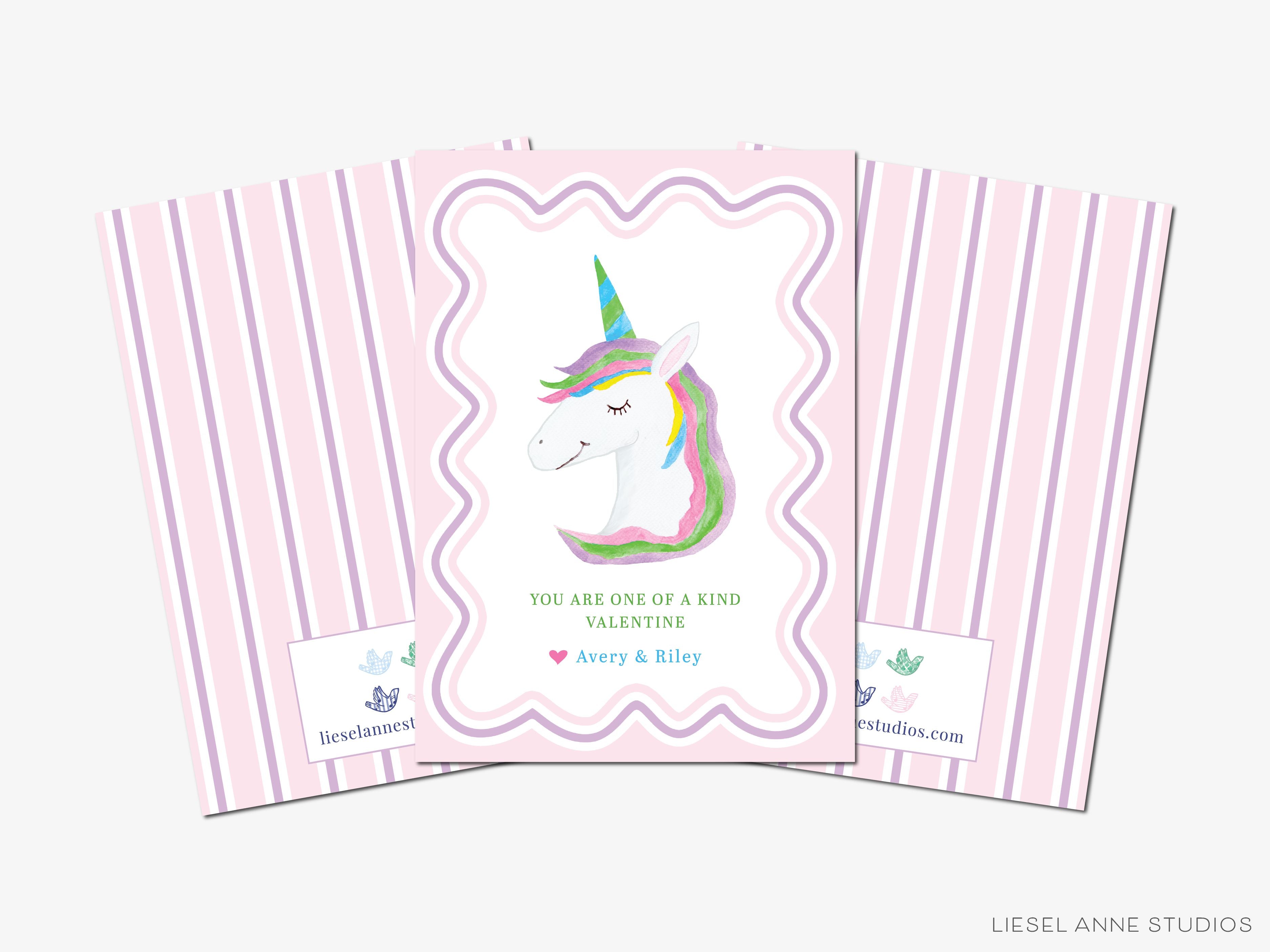 Personalized Unicorn Valentine's Day Cards-These personalized flat notecards are 3.5" x 4.875 and feature our hand-painted watercolor unicorn, printed in the USA on 120lb textured stock. They come with white envelopes and make great Valentine's Day cards for kids and magical lovers in your life.-The Singing Little Bird