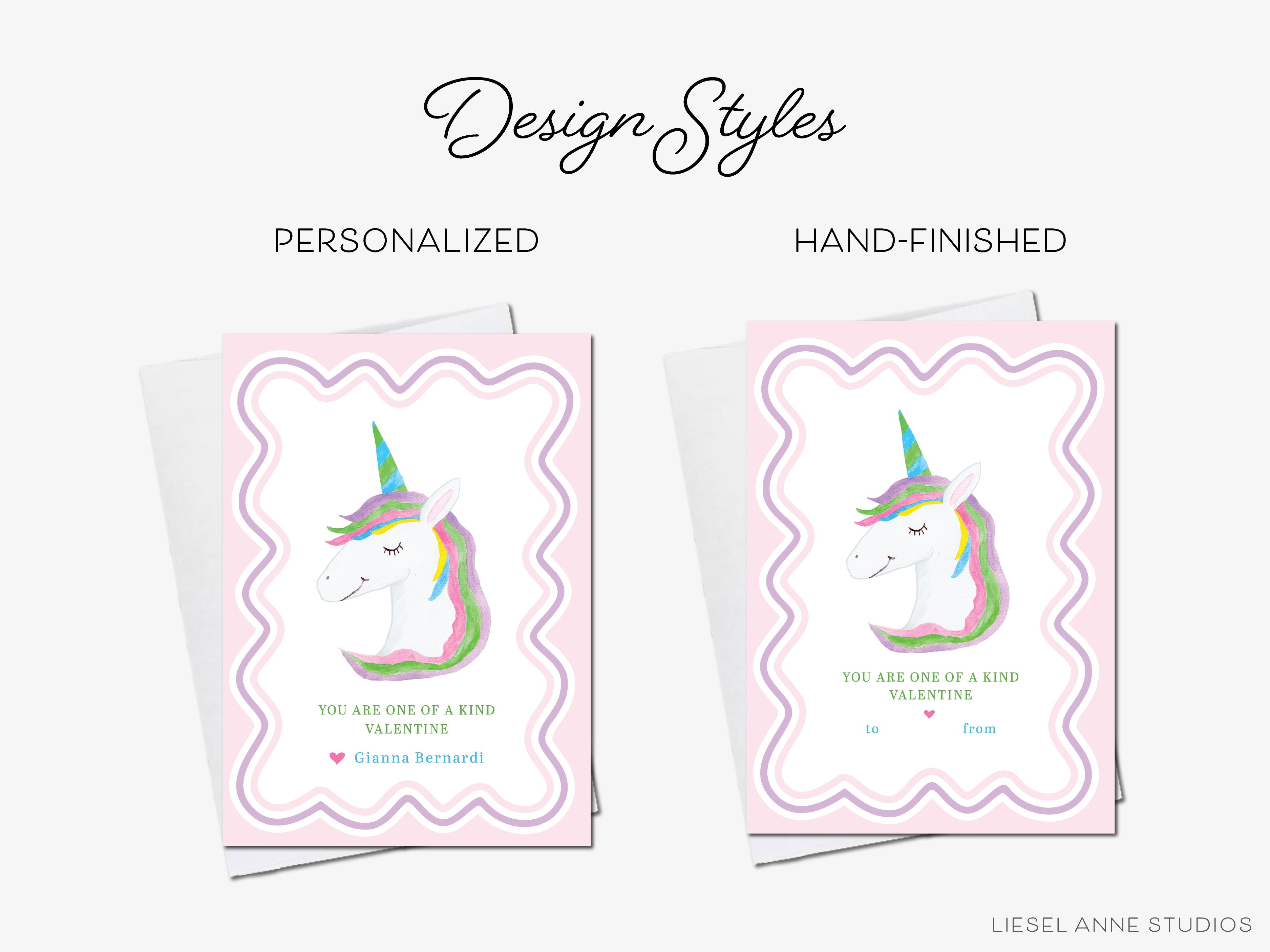 Personalized Unicorn Valentine's Day Cards-These personalized flat notecards are 3.5" x 4.875 and feature our hand-painted watercolor unicorn, printed in the USA on 120lb textured stock. They come with white envelopes and make great Valentine's Day cards for kids and magical lovers in your life.-The Singing Little Bird