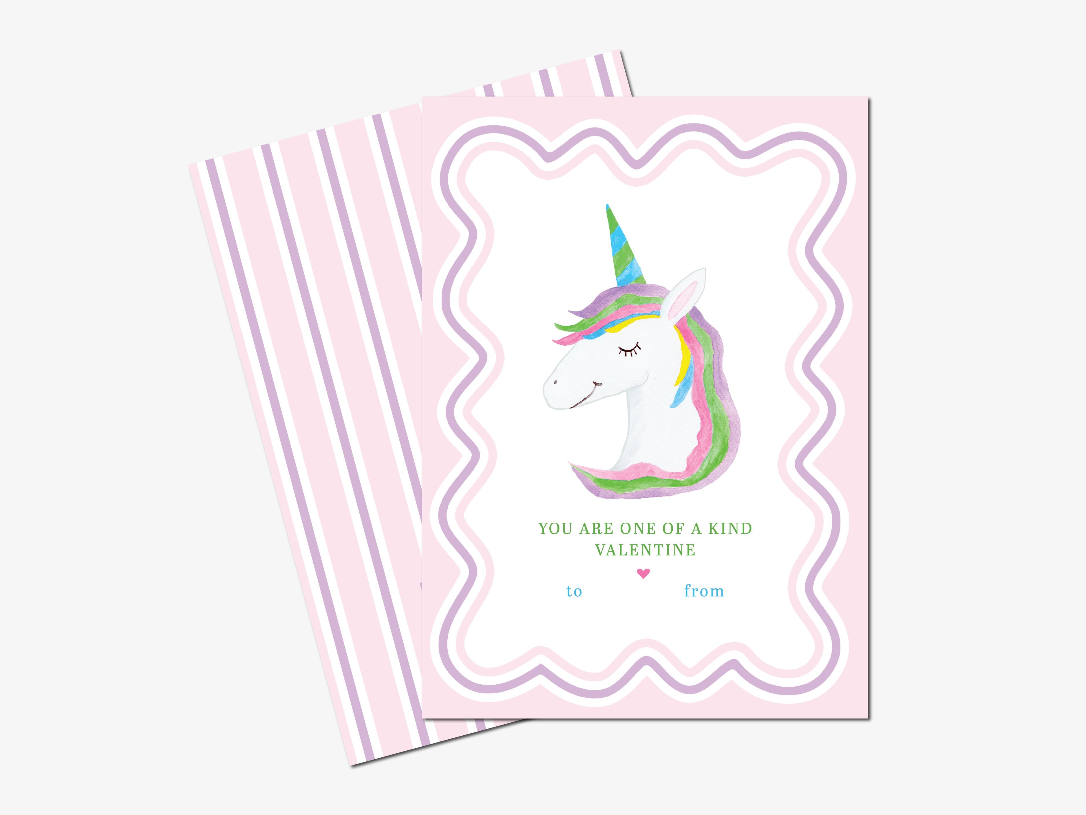 Personalized Unicorn Valentine's Day Cards-These personalized flat notecards are 3.5" x 4.875 and feature our hand-painted watercolor unicorn, printed in the USA on 120lb textured stock. They come with white envelopes and make great Valentine's Day cards for kids and magical lovers in your life.-The Singing Little Bird