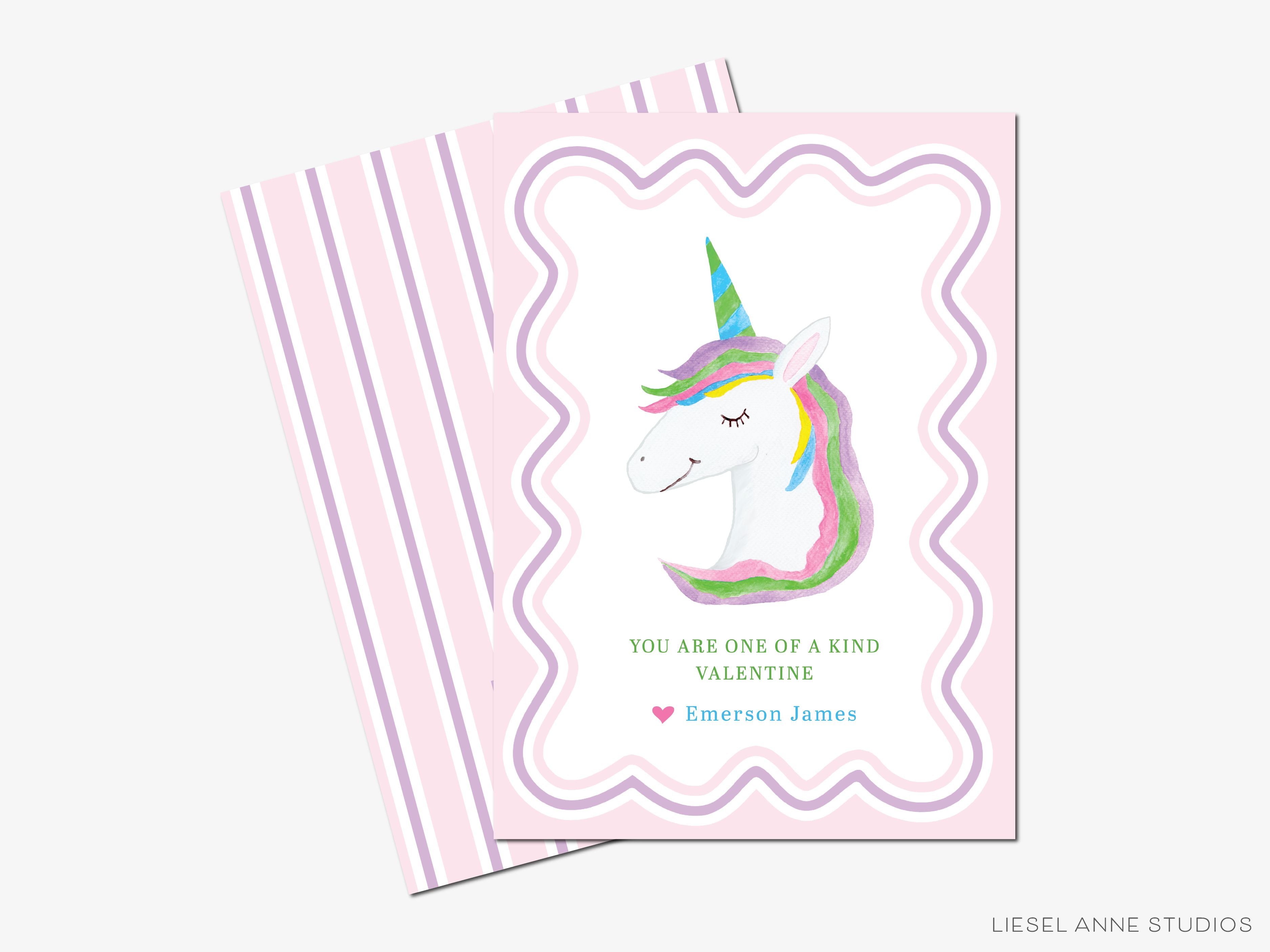 Personalized Unicorn Valentine's Day Cards-These personalized flat notecards are 3.5" x 4.875 and feature our hand-painted watercolor unicorn, printed in the USA on 120lb textured stock. They come with white envelopes and make great Valentine's Day cards for kids and magical lovers in your life.-The Singing Little Bird