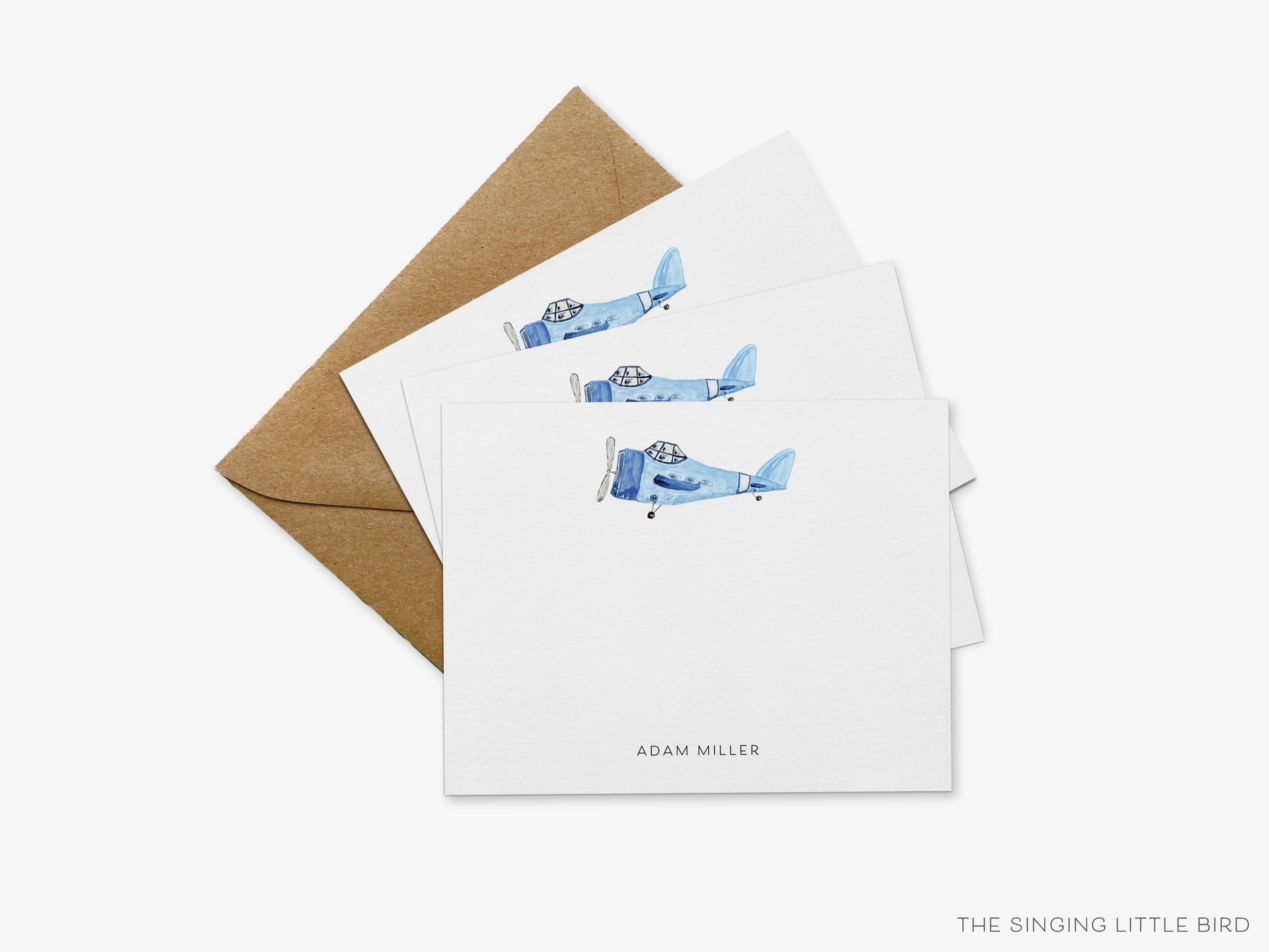 Personalized Vintage Airplane Flat Notes-These personalized flat notecards are 4.25x5.5 and feature our hand-painted watercolor airplane, printed in the USA on 120lb textured stock. They come with your choice of envelopes and make great thank yous and gifts for the vintage lover in your life.-The Singing Little Bird