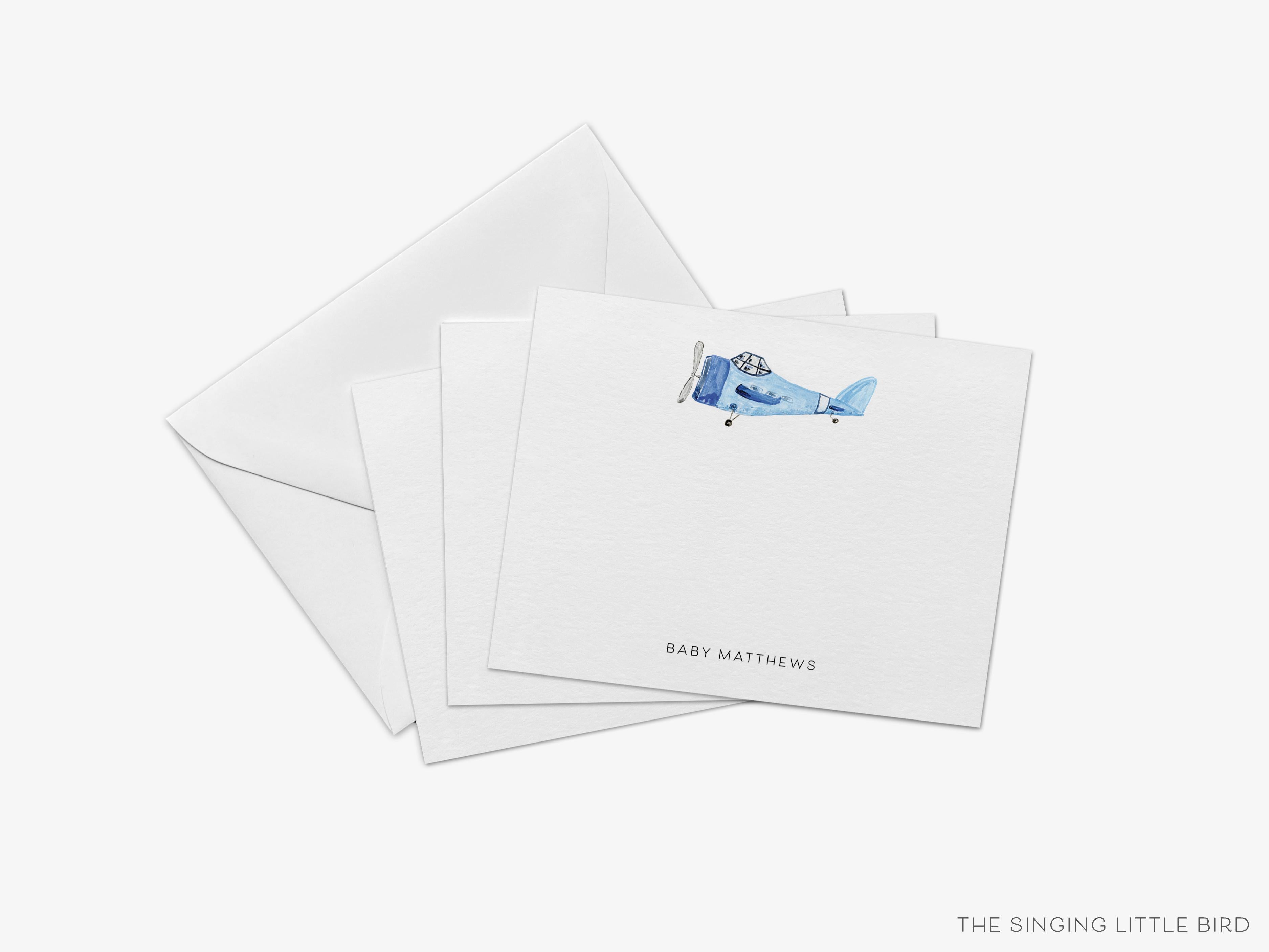 Personalized Vintage Airplane Flat Notes-These personalized flat notecards are 4.25x5.5 and feature our hand-painted watercolor airplane, printed in the USA on 120lb textured stock. They come with your choice of envelopes and make great thank yous and gifts for the vintage lover in your life.-The Singing Little Bird