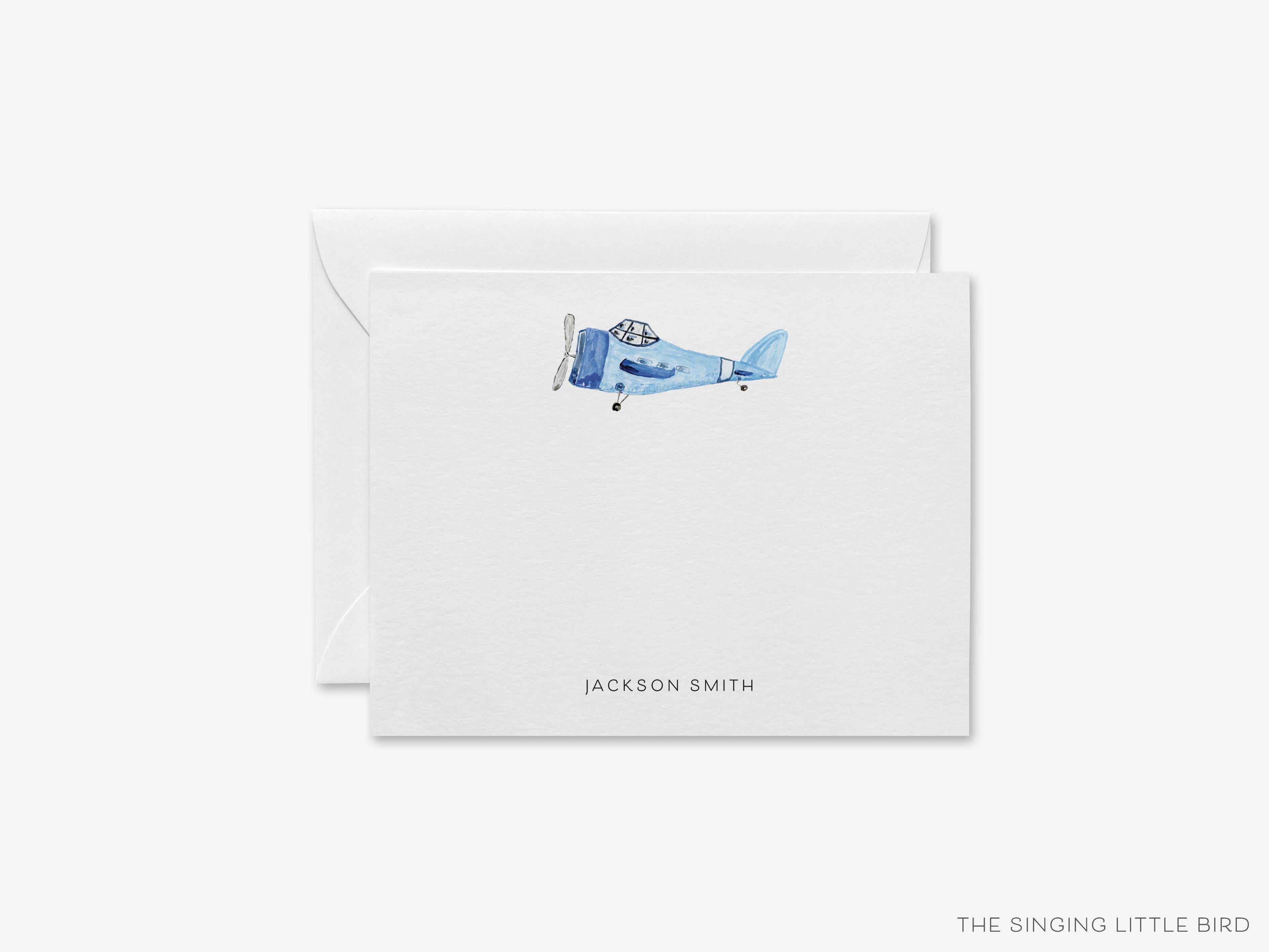 Personalized Vintage Airplane Flat Notes-These personalized flat notecards are 4.25x5.5 and feature our hand-painted watercolor airplane, printed in the USA on 120lb textured stock. They come with your choice of envelopes and make great thank yous and gifts for the vintage lover in your life.-The Singing Little Bird