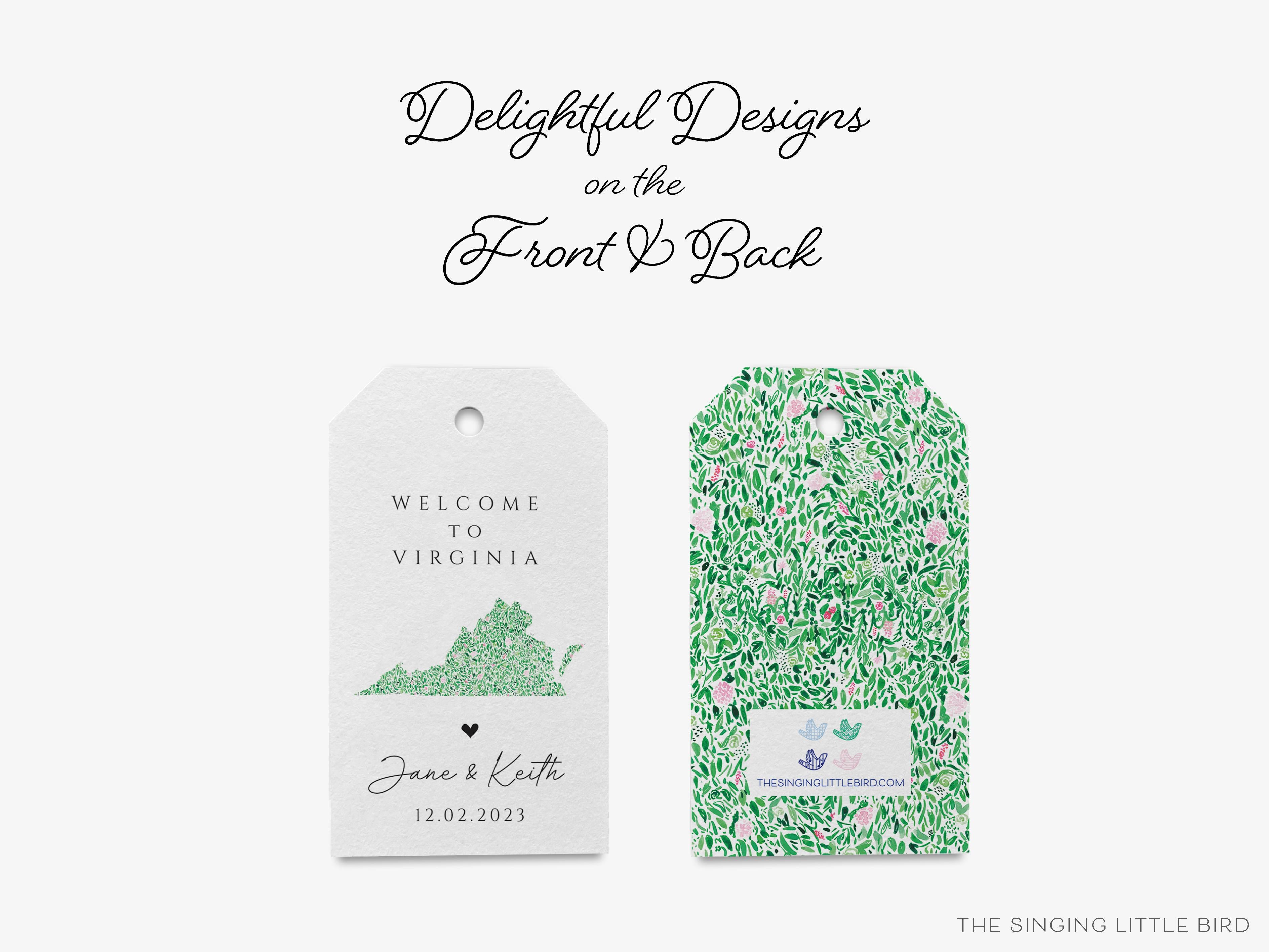 Personalized Virginia Wedding Favor Tags-These gift tags come in sets, hole-punched with white twine and feature our hand-painted watercolor floral pattern, printed in the USA on 120lb textured stock. They make great tags for gifting or gifts for the Virginia lover in your life.-The Singing Little Bird
