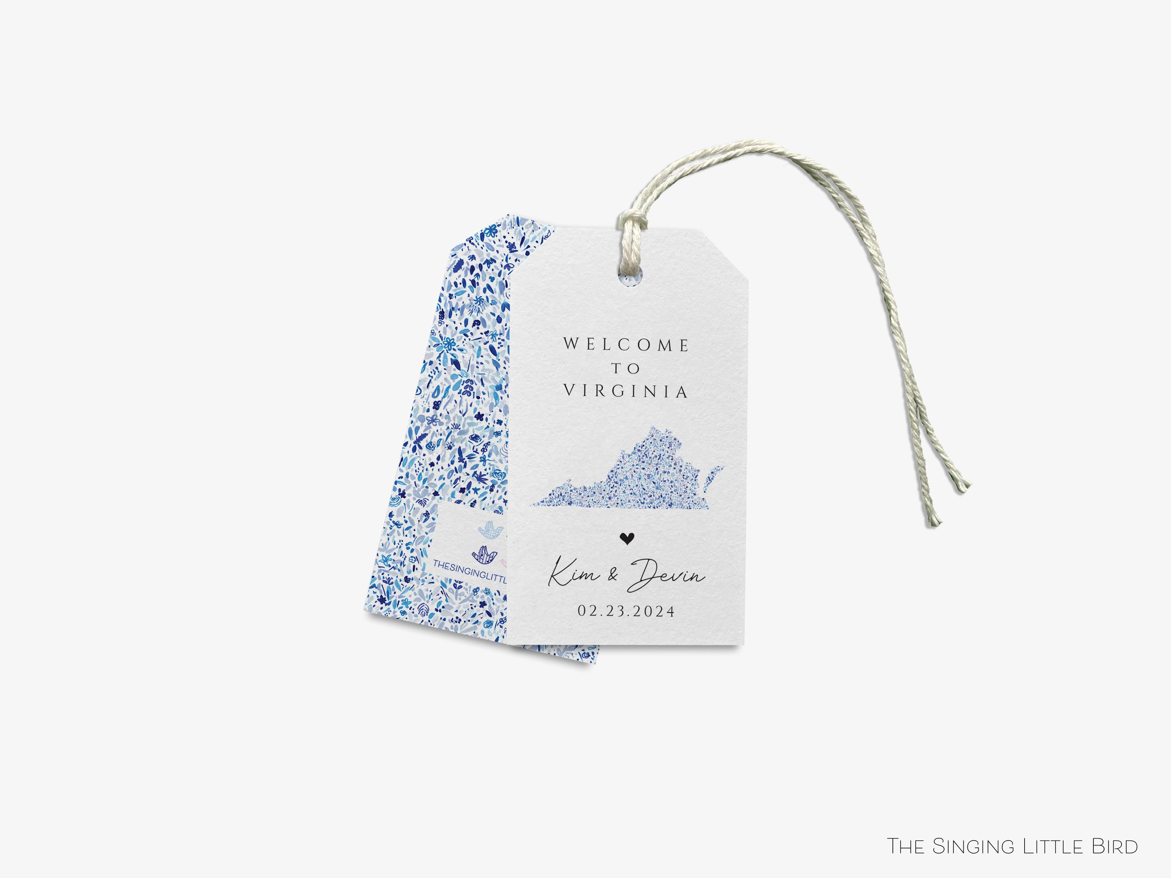 Personalized Virginia Wedding Favor Tags-These gift tags come in sets, hole-punched with white twine and feature our hand-painted watercolor floral pattern, printed in the USA on 120lb textured stock. They make great tags for gifting or gifts for the Virginia lover in your life.-The Singing Little Bird