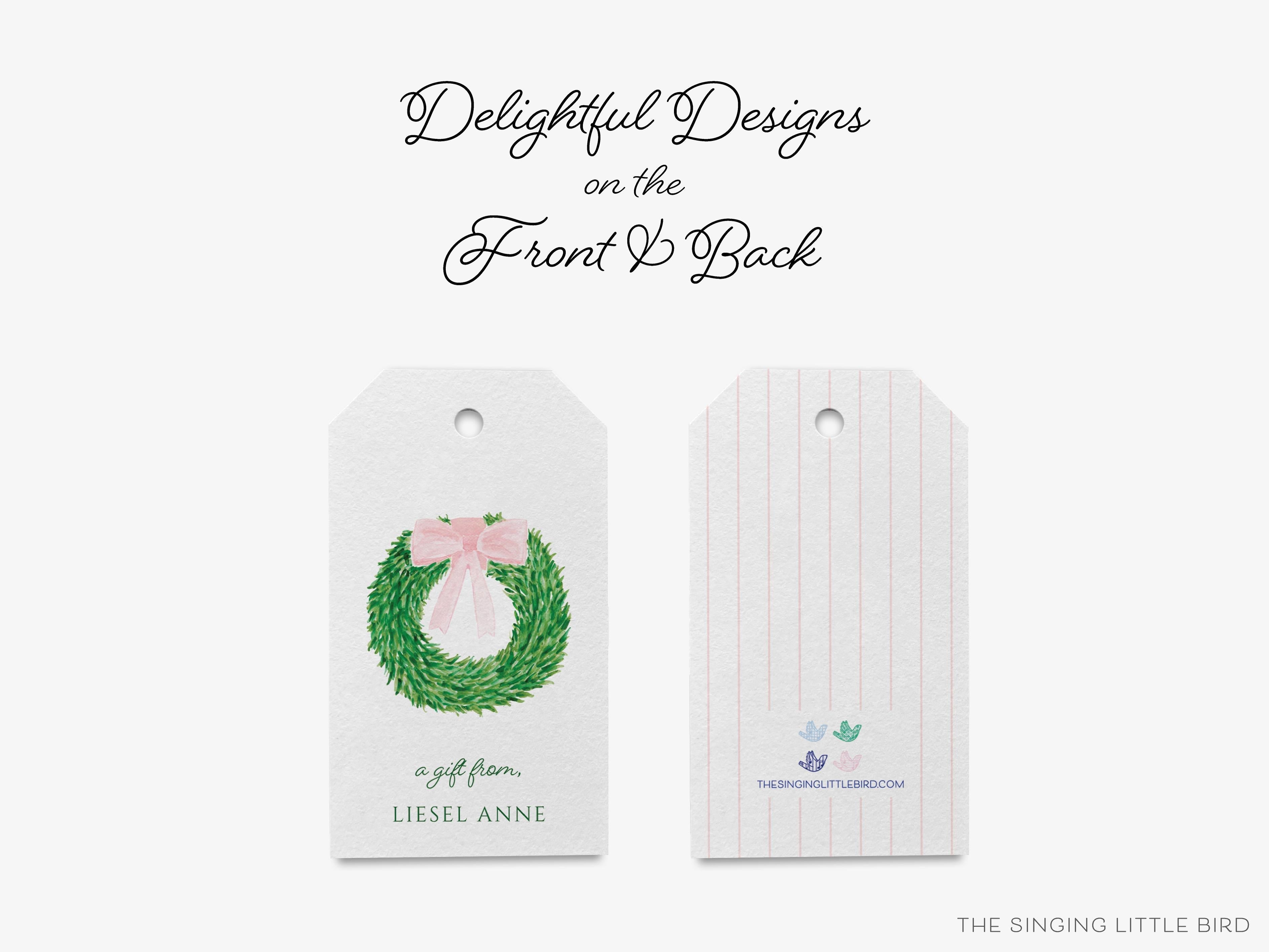 Personalized Wreath With Pink Bow Gift Tags-These gift tags come in sets, hole-punched with white twine and feature our hand-painted watercolor wreath with pink bow, printed in the USA on 120lb textured stock. They make great tags for gifting or gifts for the springtime lover in your life.-The Singing Little Bird