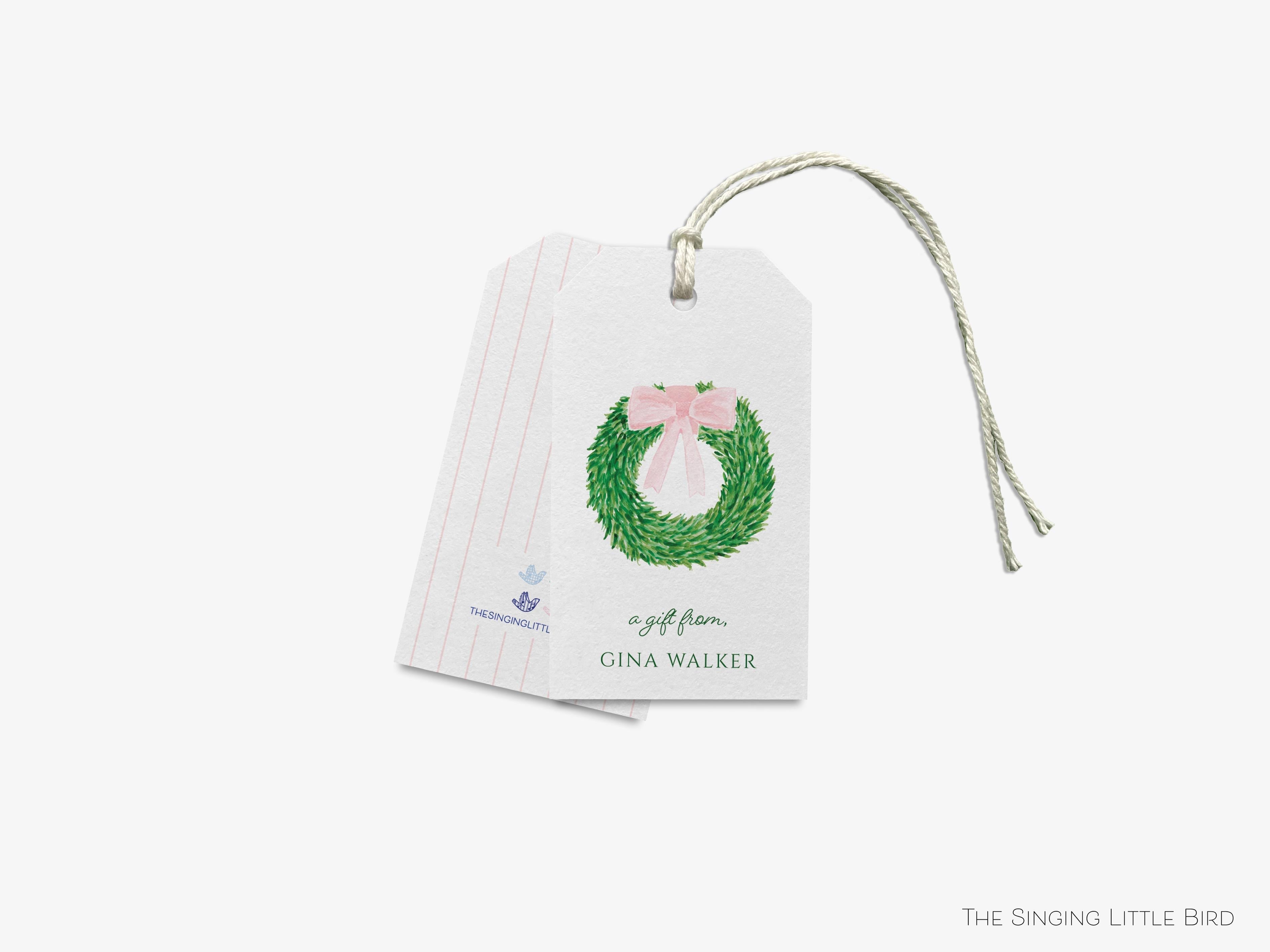 Personalized Wreath With Pink Bow Gift Tags-These gift tags come in sets, hole-punched with white twine and feature our hand-painted watercolor wreath with pink bow, printed in the USA on 120lb textured stock. They make great tags for gifting or gifts for the springtime lover in your life.-The Singing Little Bird