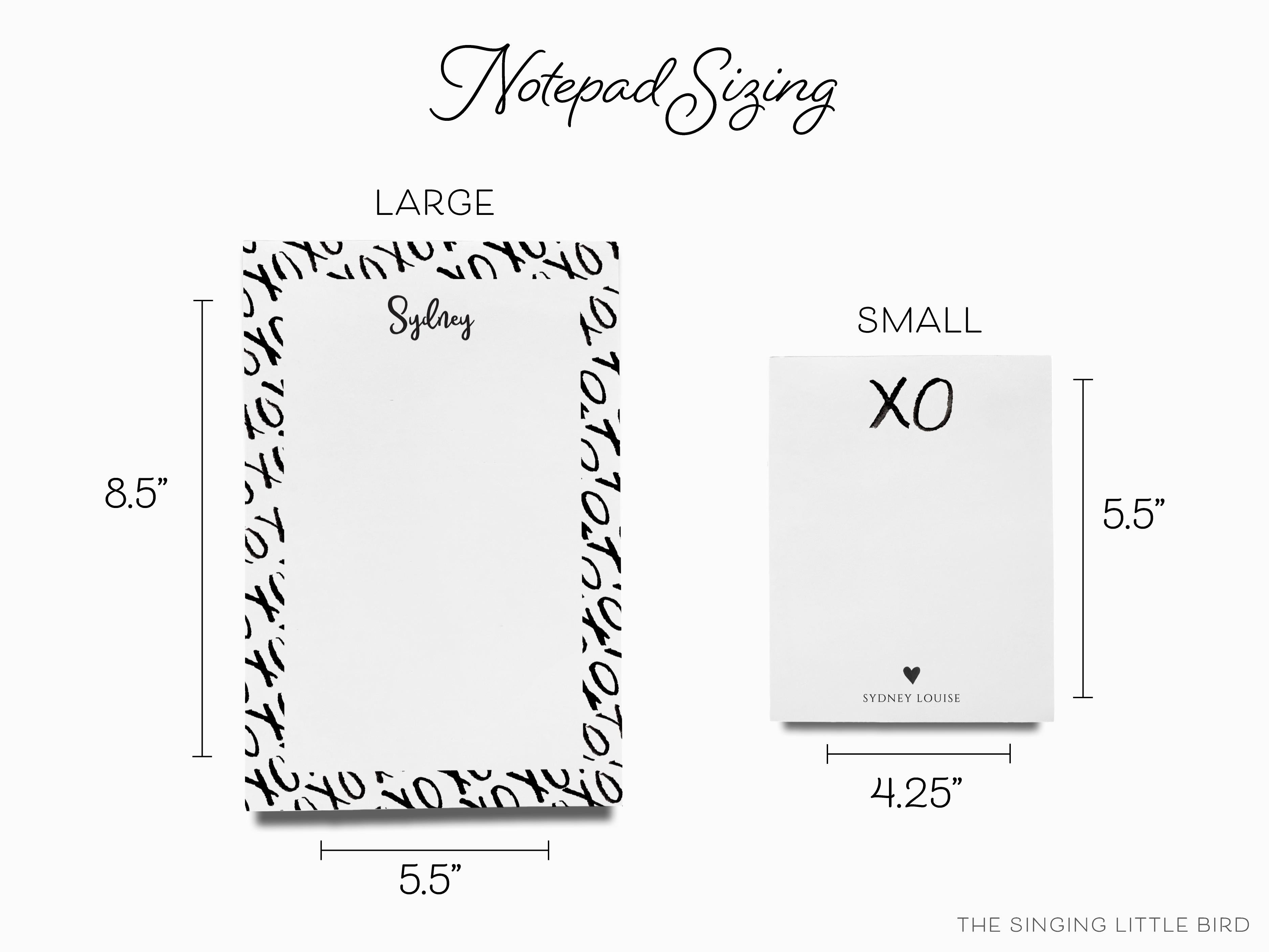 Personalized XOXO Black and White Notepad-These personalized notepads feature our hand-painted watercolor xo, printed in the USA on a beautiful smooth stock. You choose which size you want (or bundled together for a beautiful gift set) and makes a great gift for the checklist and hugs and kisses lover in your life.-The Singing Little Bird