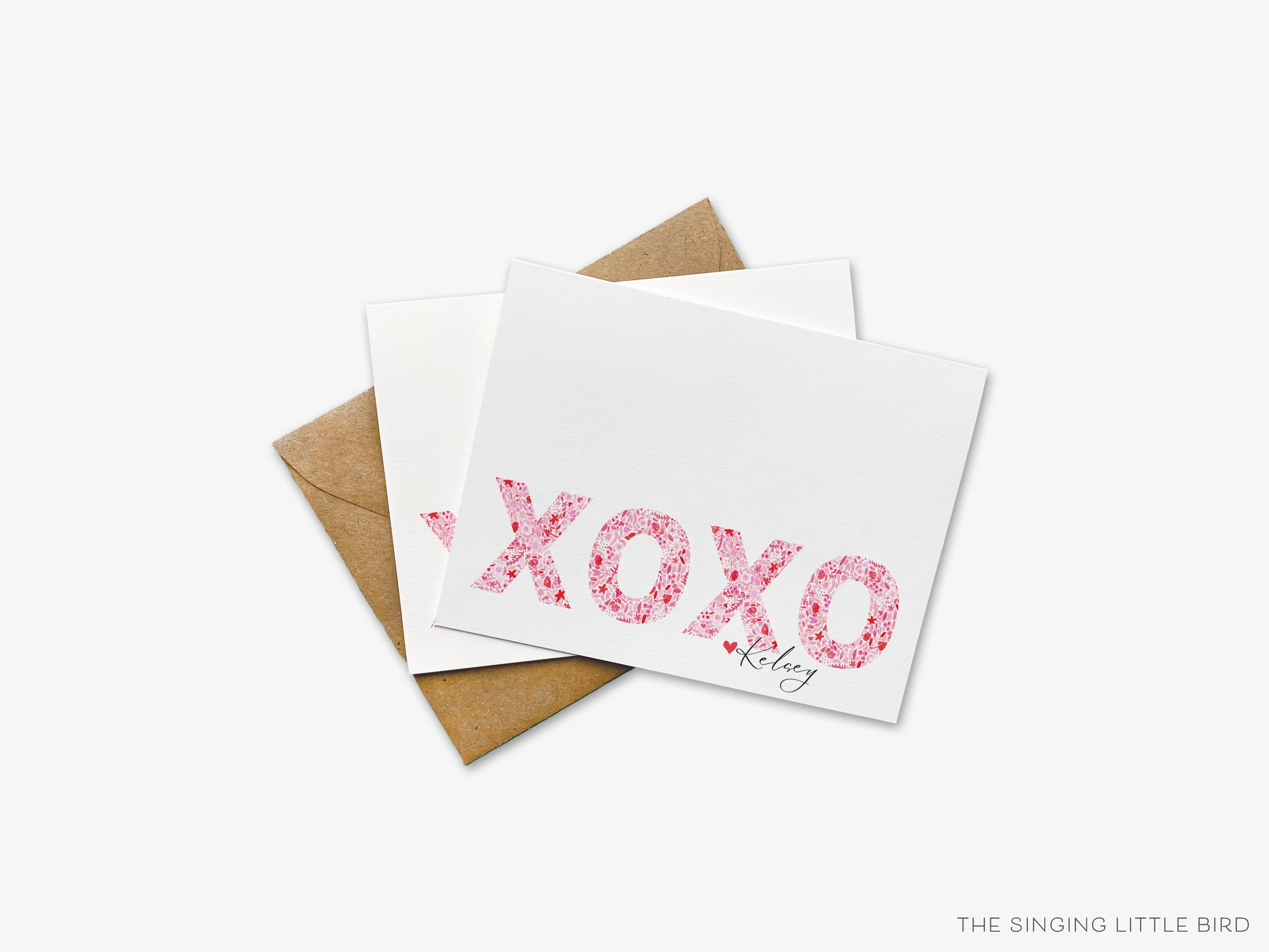 Personalized XOXO Pink and Red Pattern Greeting Cards-These folded greeting cards are 4.25x5.5 and feature our hand-painted pink and red xoxo pattern, printed in the USA on 100lb textured stock. They come with a White or Kraft envelope and make a great just because card for the hugs and kisses lover in your life.-The Singing Little Bird