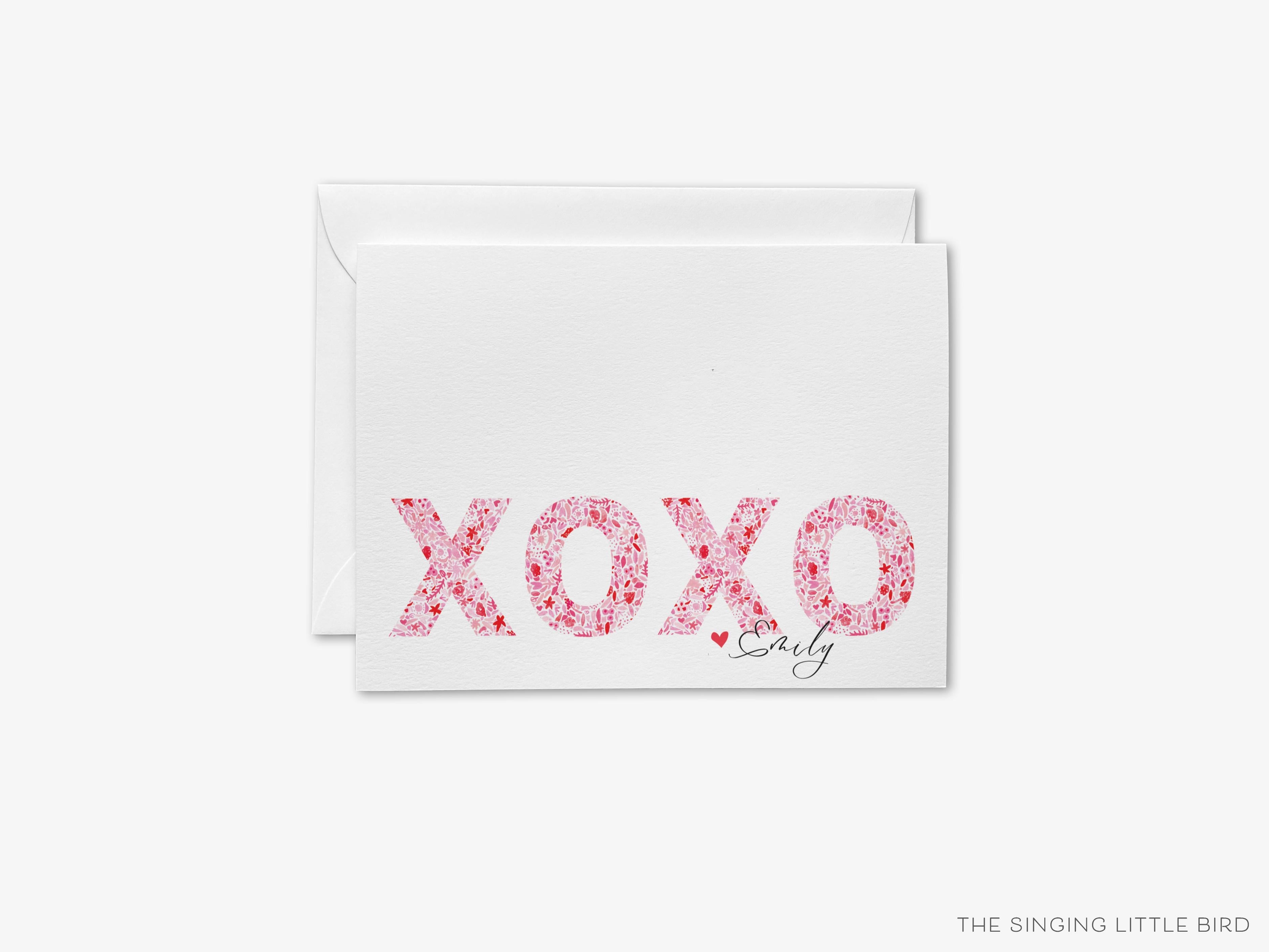 Personalized XOXO Pink and Red Pattern Greeting Cards-These folded greeting cards are 4.25x5.5 and feature our hand-painted pink and red xoxo pattern, printed in the USA on 100lb textured stock. They come with a White or Kraft envelope and make a great just because card for the hugs and kisses lover in your life.-The Singing Little Bird