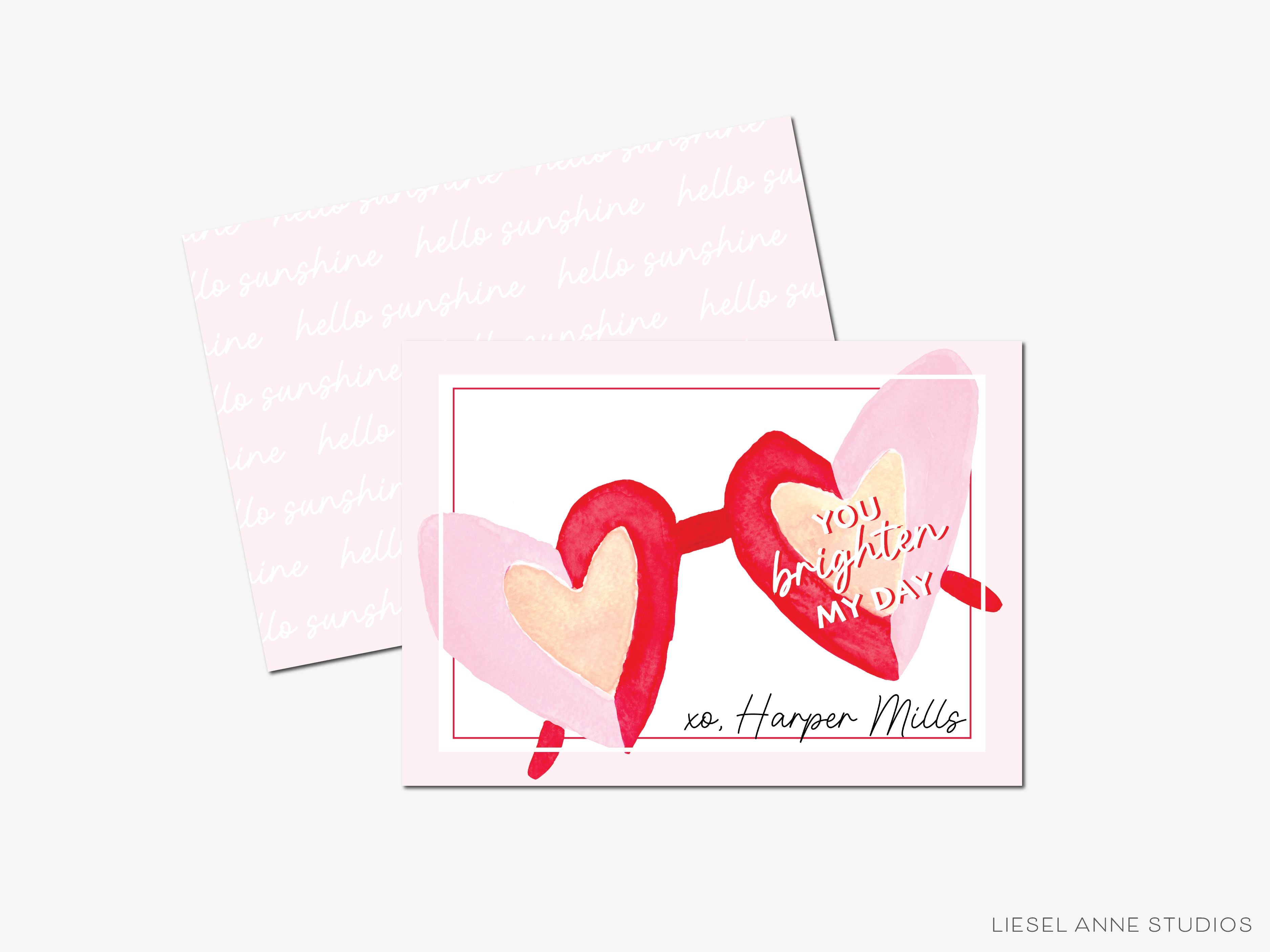 Personalized You Brighten My Day Valentine's Day Cards-These personalized flat notecards are 3.5" x 4.875 and feature our hand-painted watercolor sunglasses, printed in the USA on 120lb textured stock. They come with white envelopes and make great Valentine's Day cards for kids and sunny lovers in your life.-The Singing Little Bird