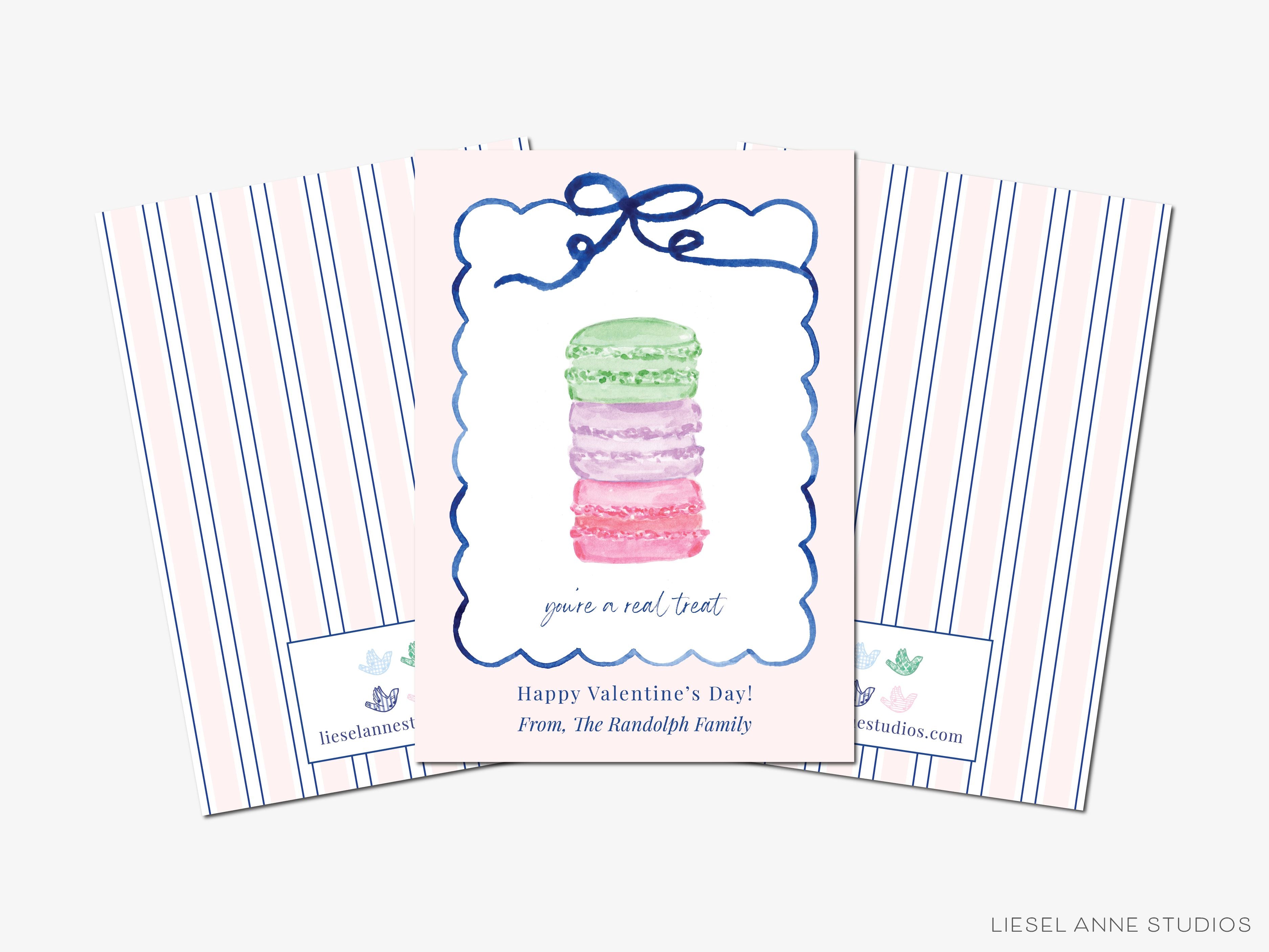 Personalized You're A Real Treat Macaron Mini Valentine-These personalized flat notecards are 3.5" x 4.875 and feature our hand-painted watercolor macarons, printed in the USA on 120lb textured stock. They come with white envelopes and make great Valentine's Day cards for kids and sweet treat lovers in your life.-The Singing Little Bird