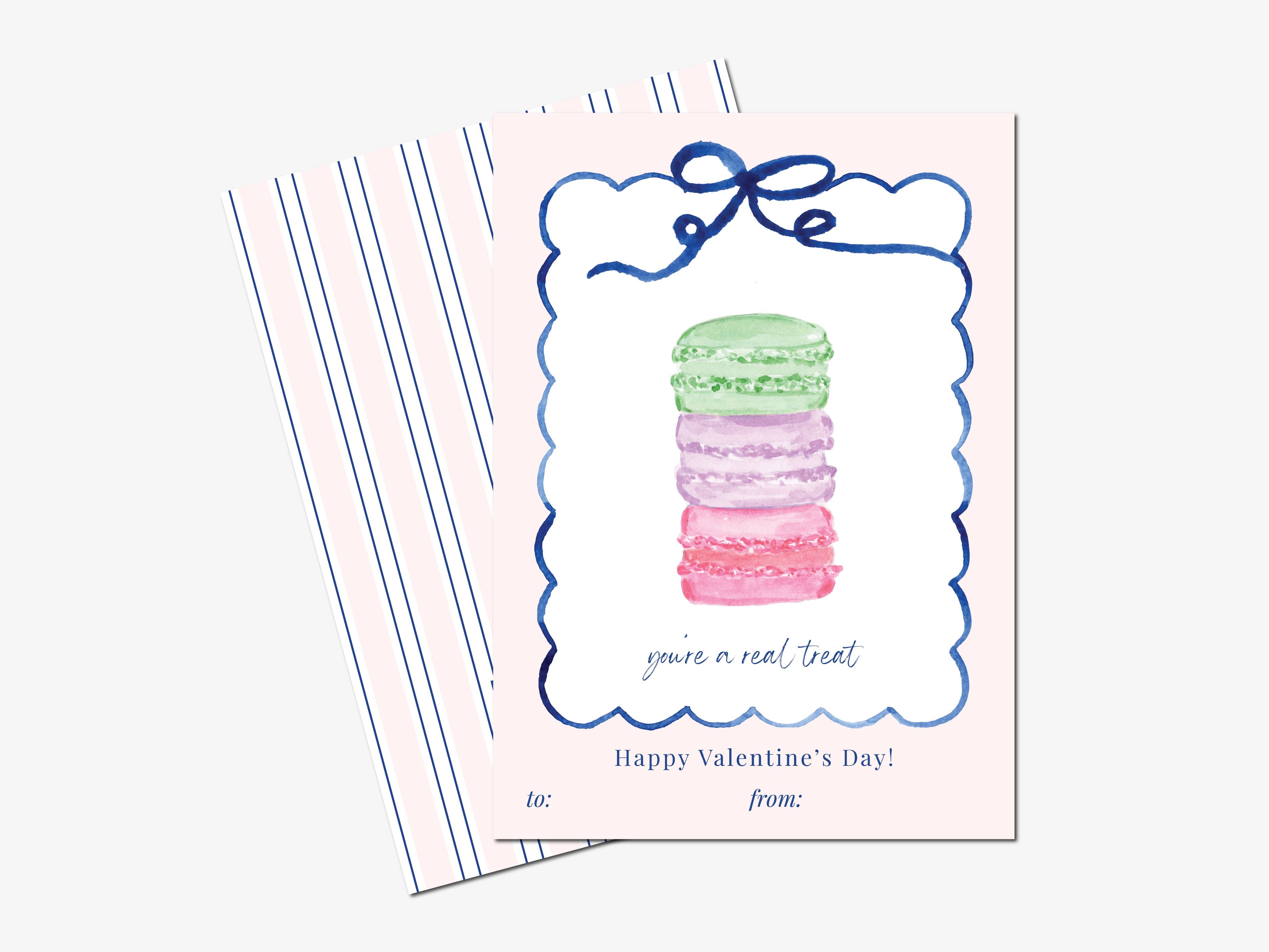 Personalized You're A Real Treat Macaron Mini Valentine-These personalized flat notecards are 3.5" x 4.875 and feature our hand-painted watercolor macarons, printed in the USA on 120lb textured stock. They come with white envelopes and make great Valentine's Day cards for kids and sweet treat lovers in your life.-The Singing Little Bird