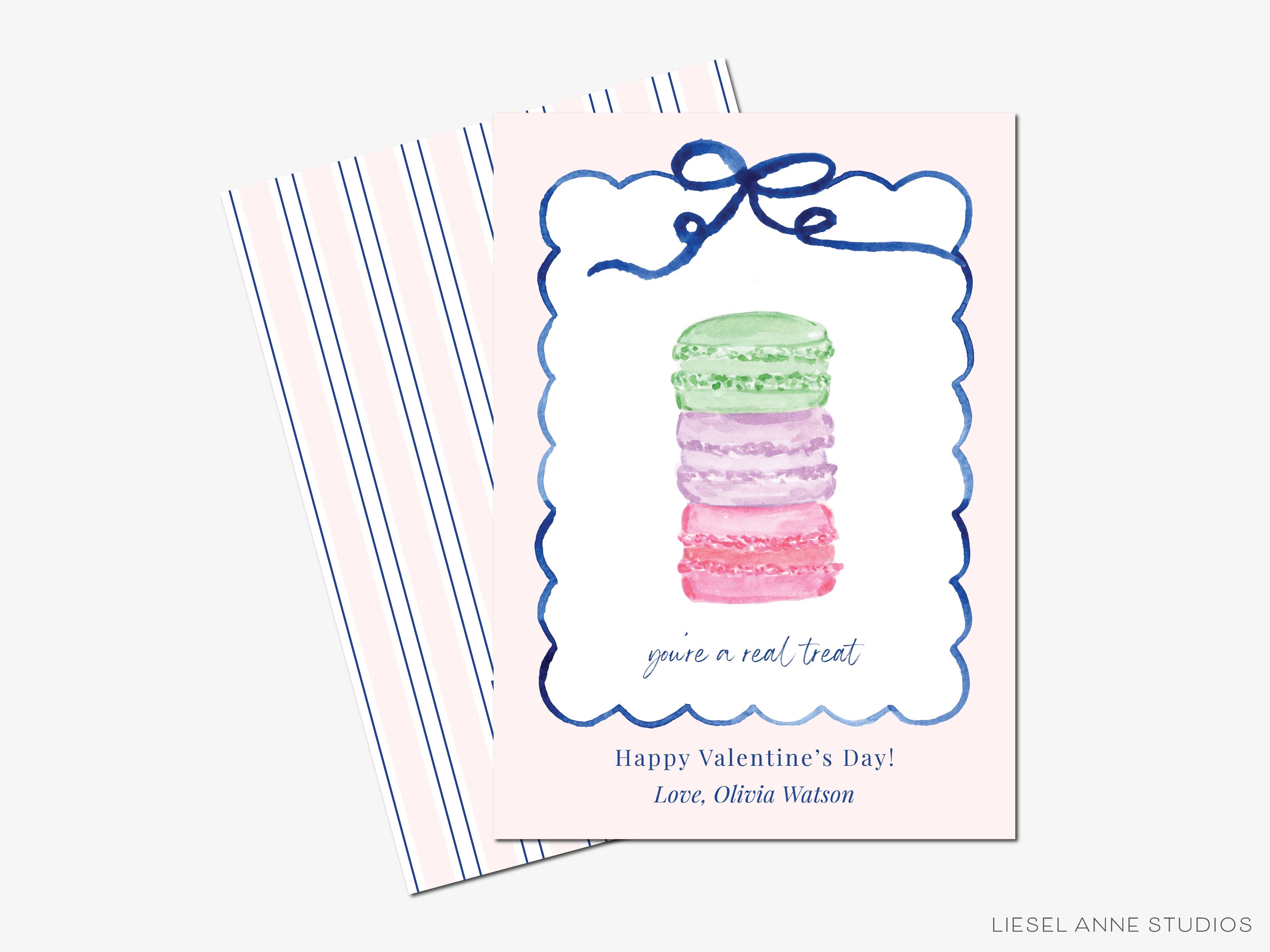 Personalized You're A Real Treat Macaron Mini Valentine-These personalized flat notecards are 3.5" x 4.875 and feature our hand-painted watercolor macarons, printed in the USA on 120lb textured stock. They come with white envelopes and make great Valentine's Day cards for kids and sweet treat lovers in your life.-The Singing Little Bird