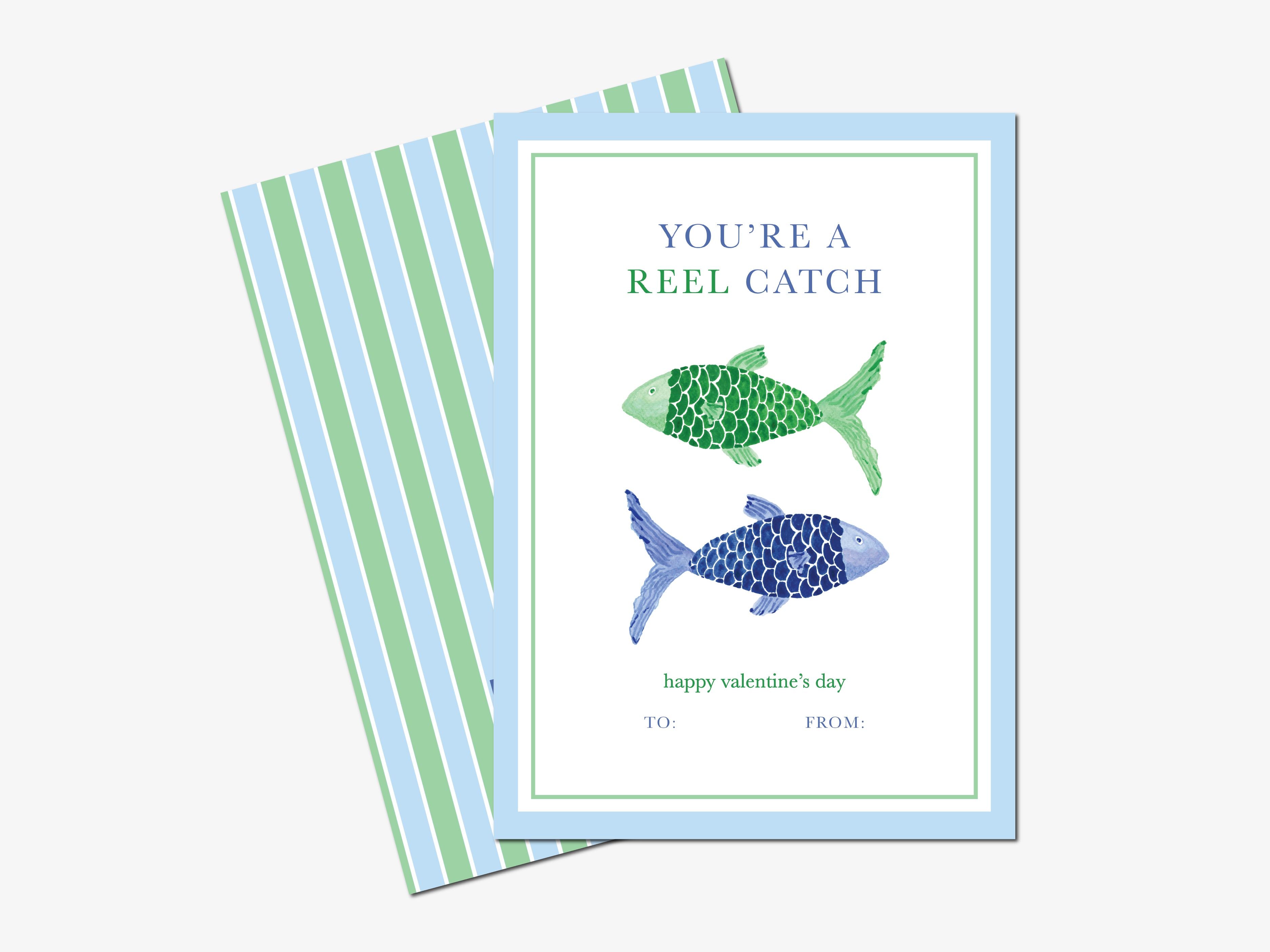 Personalized You're A Reel Catch Fish Mini Valentine-These personalized flat notecards are 3.5" x 4.875 and feature our hand-painted watercolor blue and green fish, printed in the USA on 120lb textured stock. They come with white envelopes and make great Valentine's Day cards for kids and aquarists in your life.-The Singing Little Bird