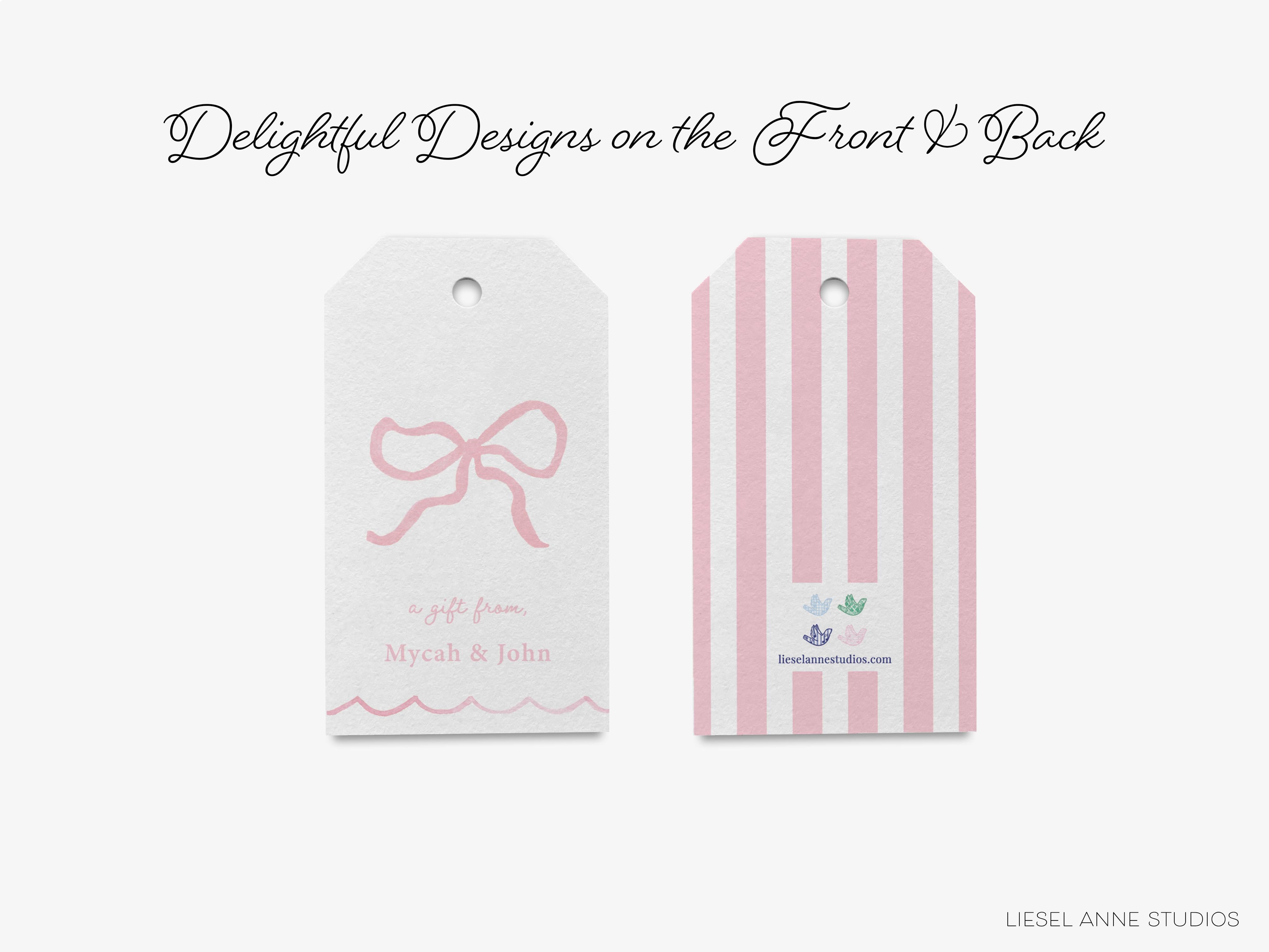 Personalized Pink Bow Gift Tags-These gift tags come in sets, hole-punched with white twine and feature our hand-painted watercolor pink bow, printed in the USA on 120lb textured stock. They make great tags for gifting or gifts for the feminine lover in your life.-The Singing Little Bird