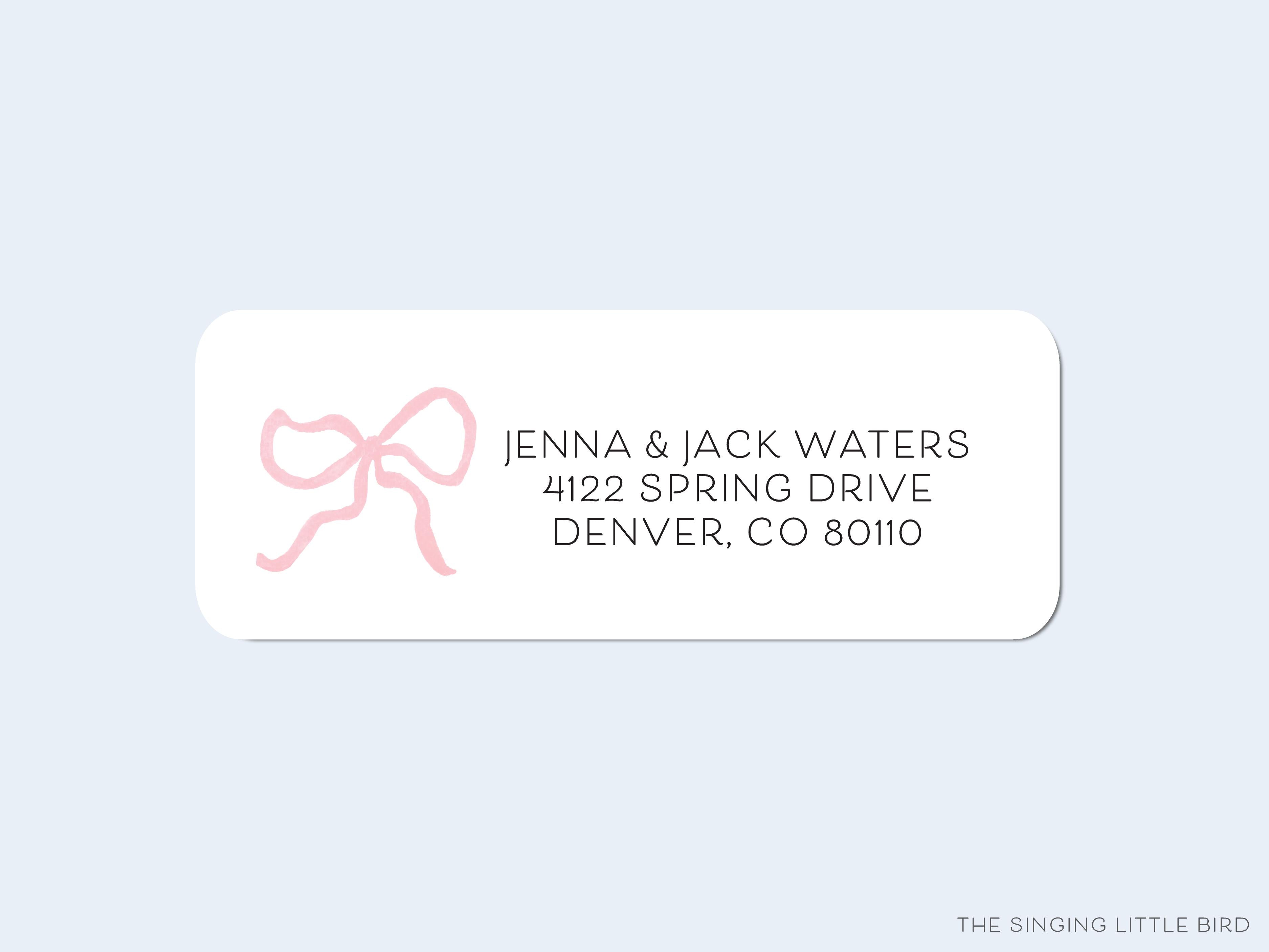 Pink Bow Return Address Labels-These personalized return address labels are 2.625" x 1" and feature our hand-painted watercolor bow, printed in the USA on beautiful matte finish labels. These make great gifts for yourself or the girly lover.-The Singing Little Bird
