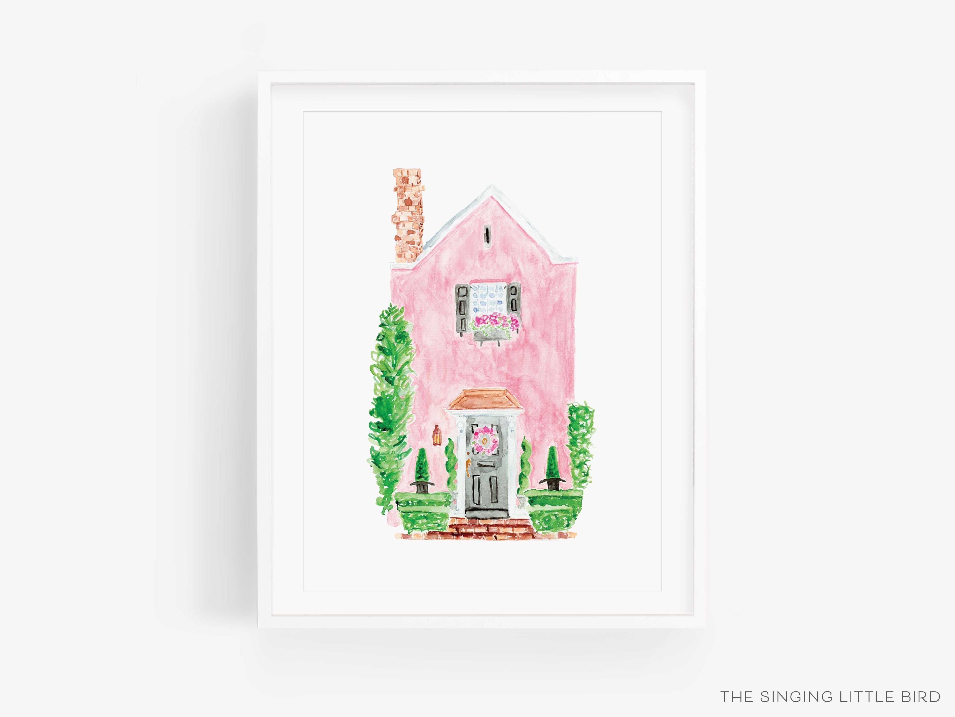 Pink Charleston SC House Art Print-This watercolor art print features our hand-painted pink Charleston, SC townhome, printed in the USA on 120lb high quality art paper. This makes a great gift or wall decor for the pastel house lover in your life.-The Singing Little Bird