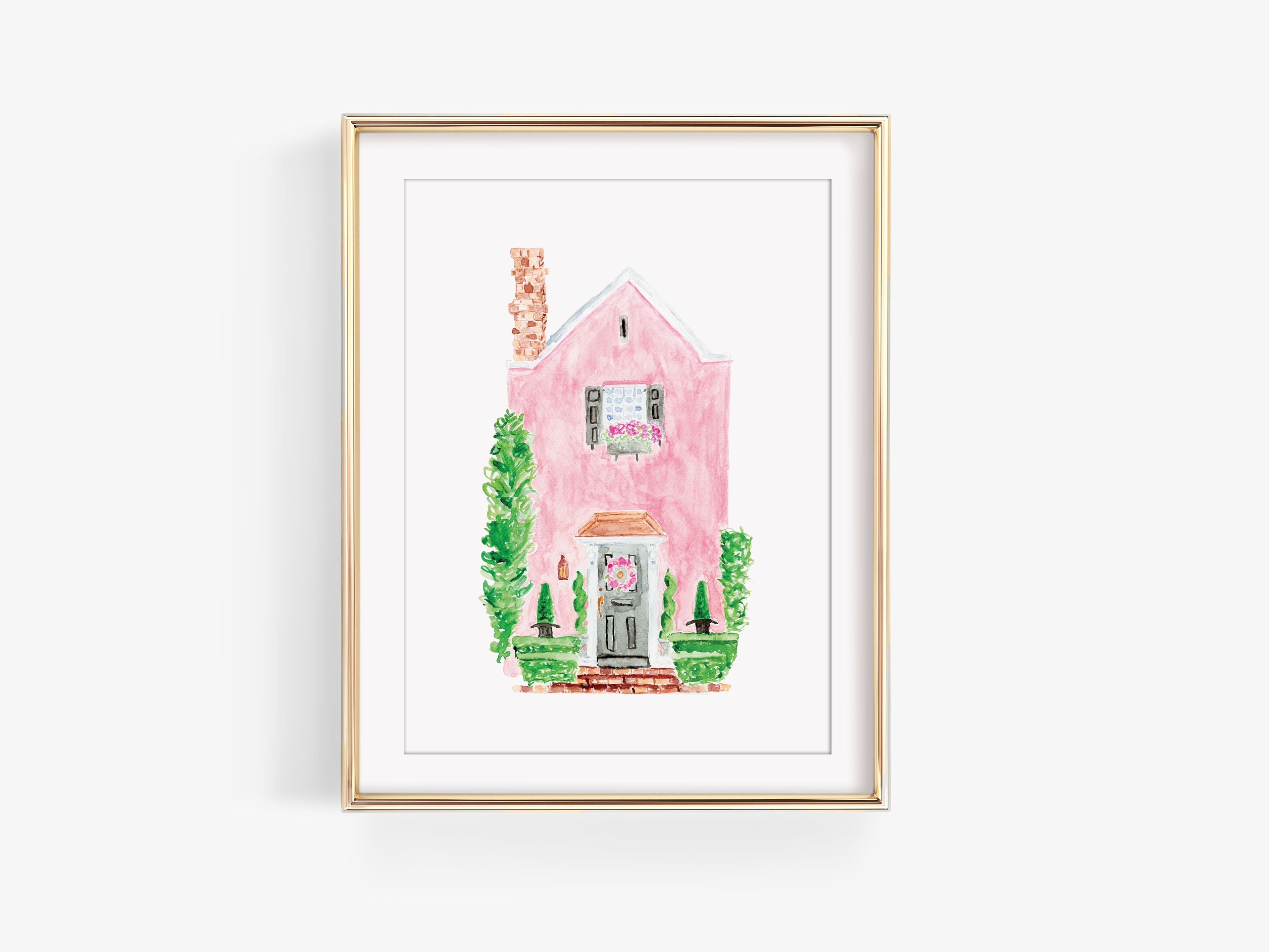 Pink Charleston SC House Art Print-This watercolor art print features our hand-painted pink Charleston, SC townhome, printed in the USA on 120lb high quality art paper. This makes a great gift or wall decor for the pastel house lover in your life.-The Singing Little Bird