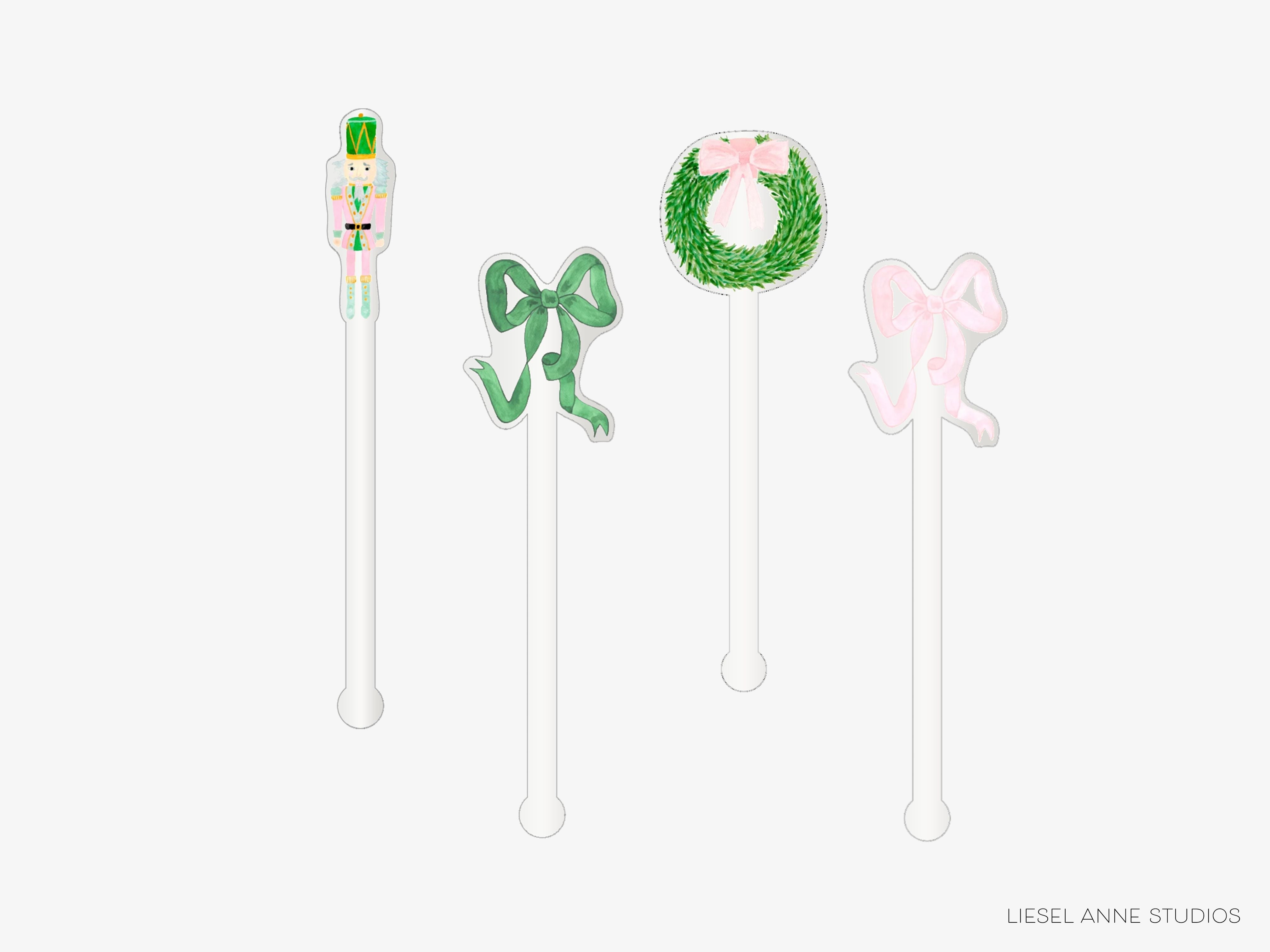 Pink Christmas Acrylic Drink Stir Sticks-Set of 4 Acrylic Drink Stir Sticks are reusable &amp; make wonderful gifts!
This set includes one pink nutcracker, one green and pink bow, one pink bow and one green bow
Each one measures approx. 6" tall
They are safe for cold and hot drinks (up to 195 degrees F)
Hand wash only
Made in the USA
Hand packaged with care and ready to gift or use


Pink Christmas Stir Sticks | Nutcracker Wreath Bow Drink Stirrers | Reusable Cocktail Swizzle Sticks | Holiday Barware | Uniq