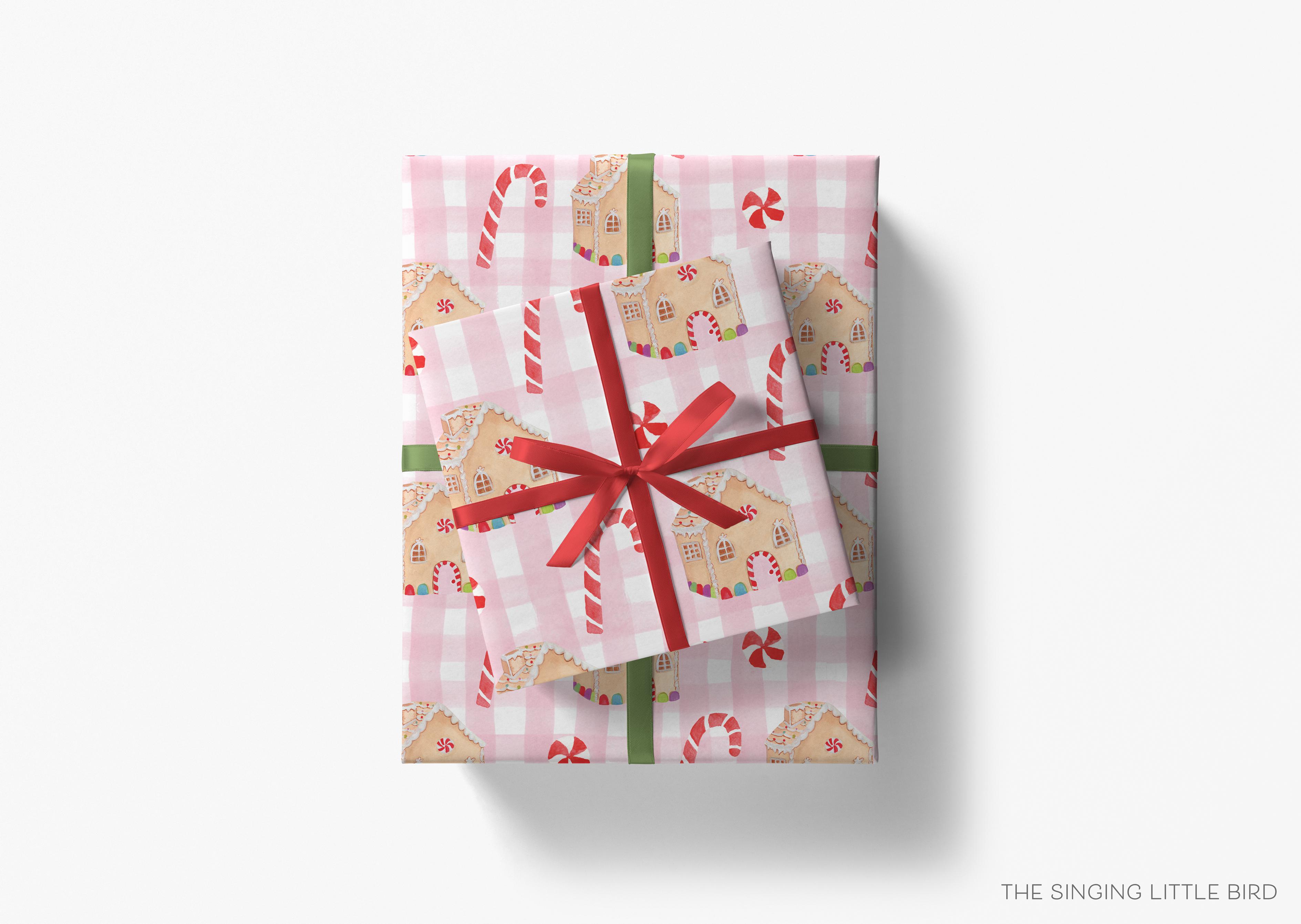 Pink Gingerbread Christmas Gift Wrap-This matte finish gift wrap features our hand-painted watercolor gingerbread houses and candy canes. It makes a perfect wrapping paper for a holiday present. -The Singing Little Bird