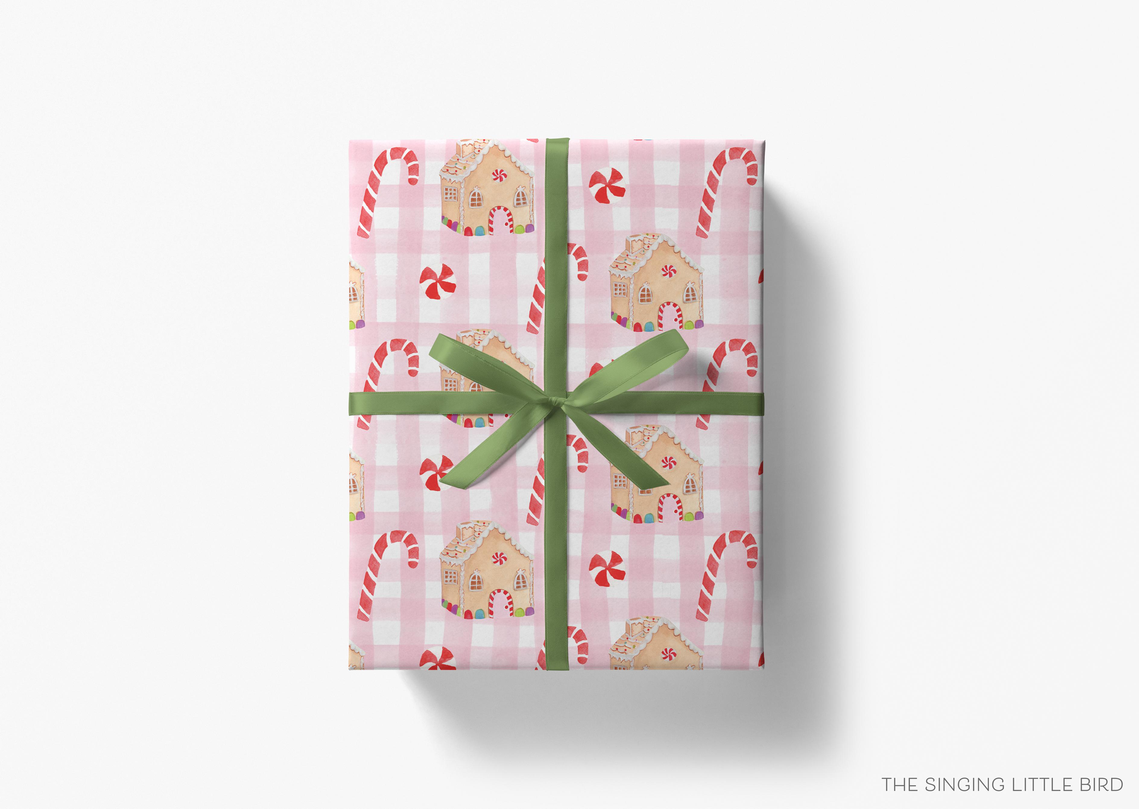 Pink Gingerbread Christmas Gift Wrap-This matte finish gift wrap features our hand-painted watercolor gingerbread houses and candy canes. It makes a perfect wrapping paper for a holiday present. -The Singing Little Bird