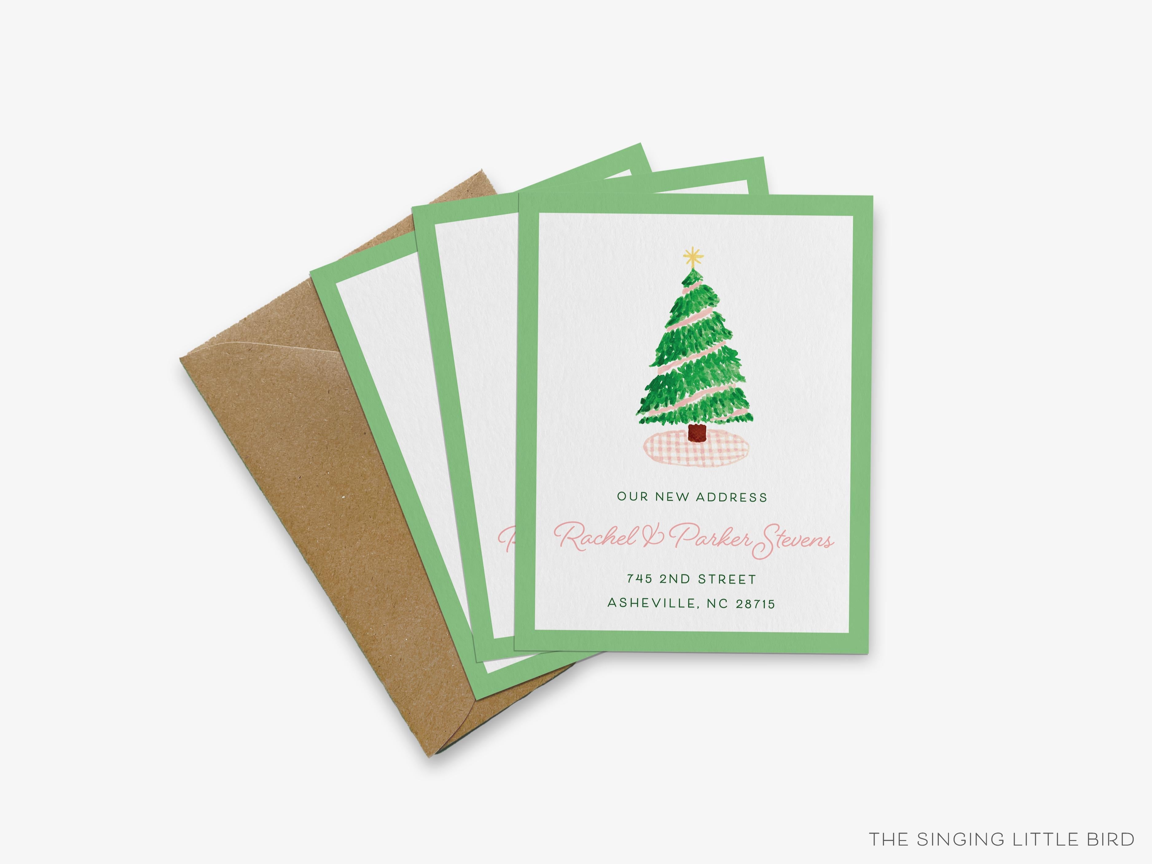Pink Gingham Christmas Tree Moving Announcement-These personalized flat change of address cards are 4.25x5.5 and feature our hand-painted watercolor Christmas Tree, printed in the USA on 120lb textured stock. They come with your choice of envelopes and make great moving announcements for the holiday lover.-The Singing Little Bird