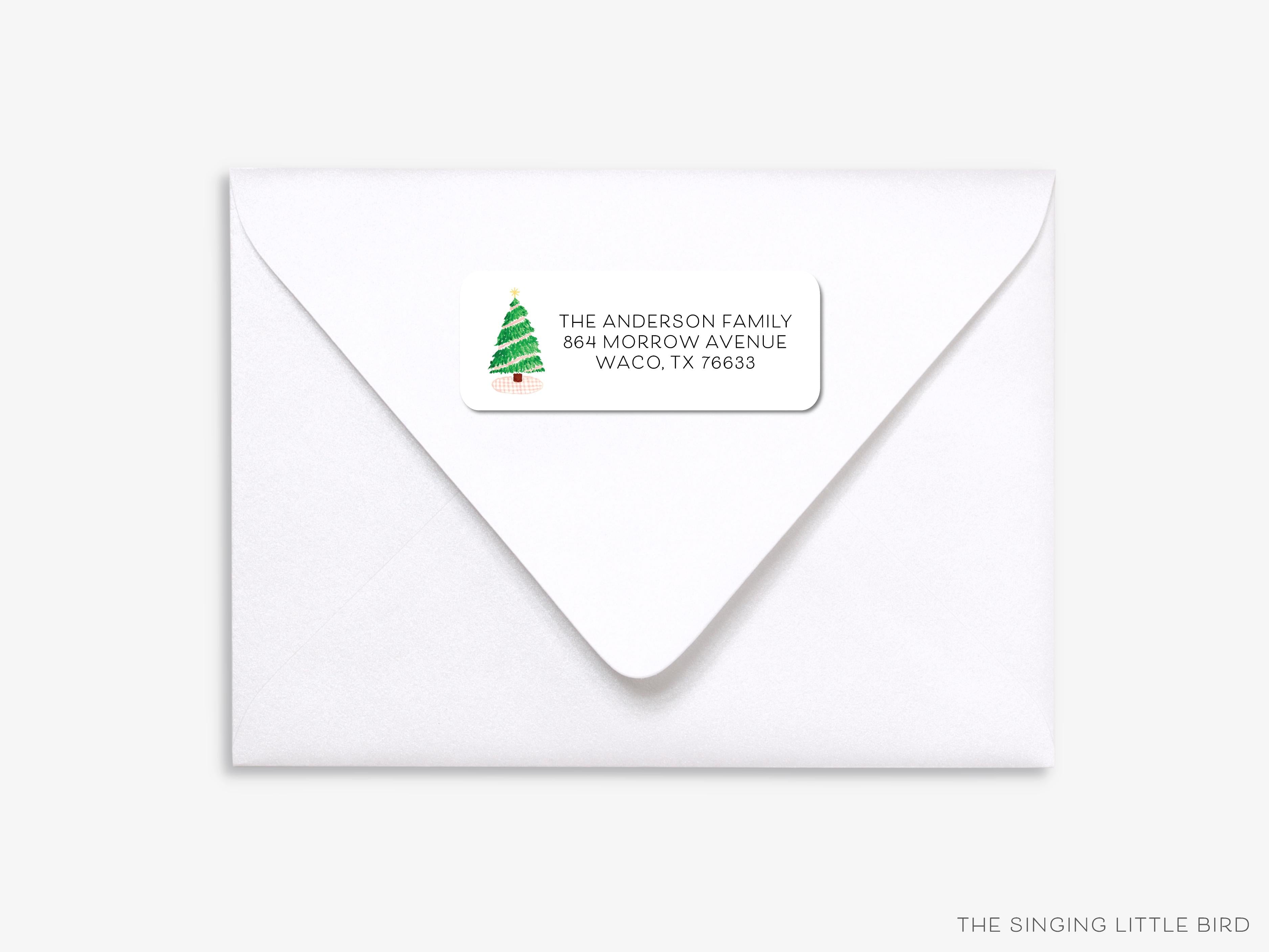 Pink Gingham Christmas Tree Return Address Labels-These personalized return address labels are 2.625" x 1" and feature our hand-painted watercolor Christmas Tree and Pink Gingham, printed in the USA on beautiful matte finish labels. These make great gifts for yourself or the Christmas tree lover.-The Singing Little Bird