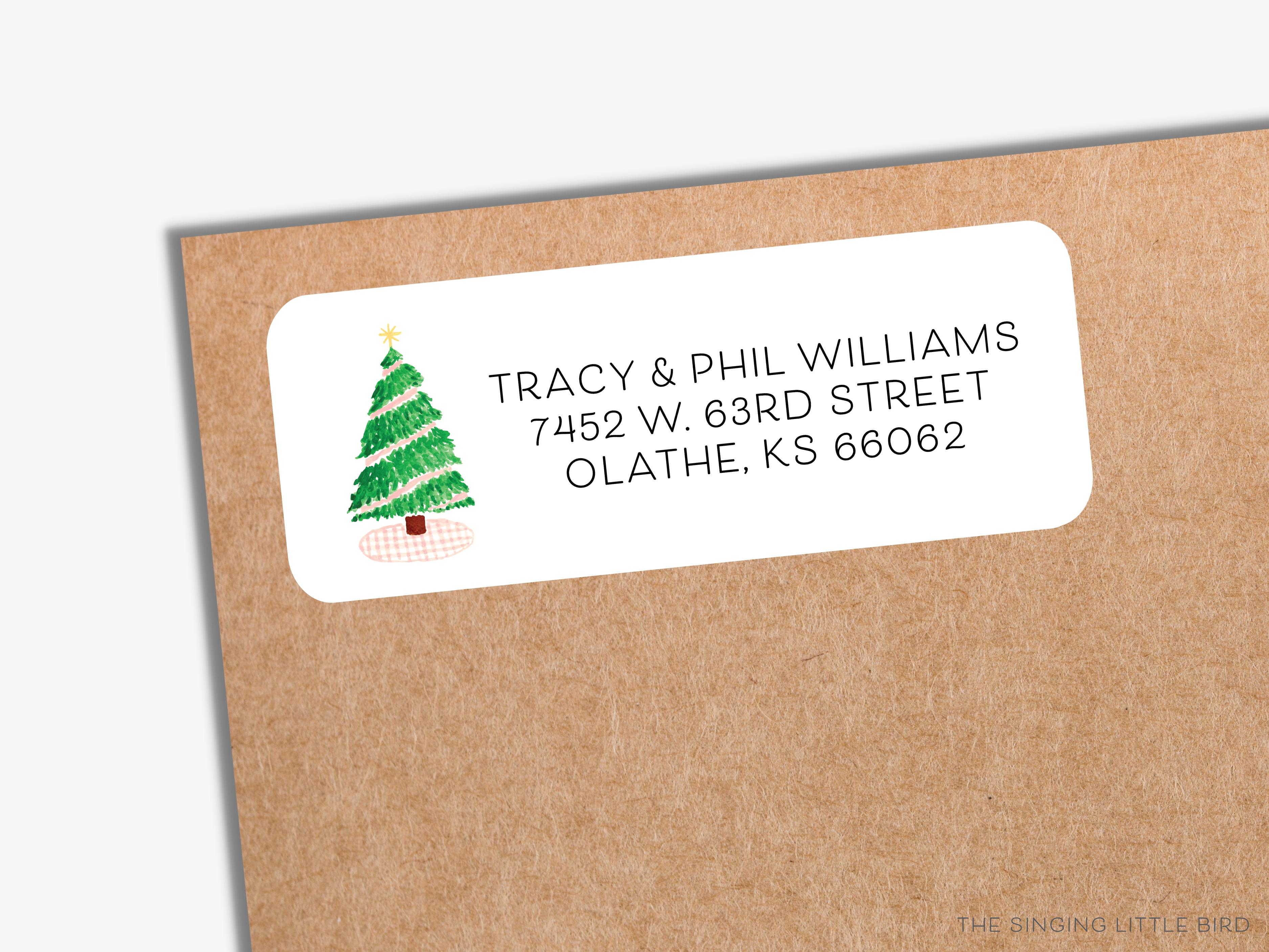 Pink Gingham Christmas Tree Return Address Labels-These personalized return address labels are 2.625" x 1" and feature our hand-painted watercolor Christmas Tree and Pink Gingham, printed in the USA on beautiful matte finish labels. These make great gifts for yourself or the Christmas tree lover.-The Singing Little Bird
