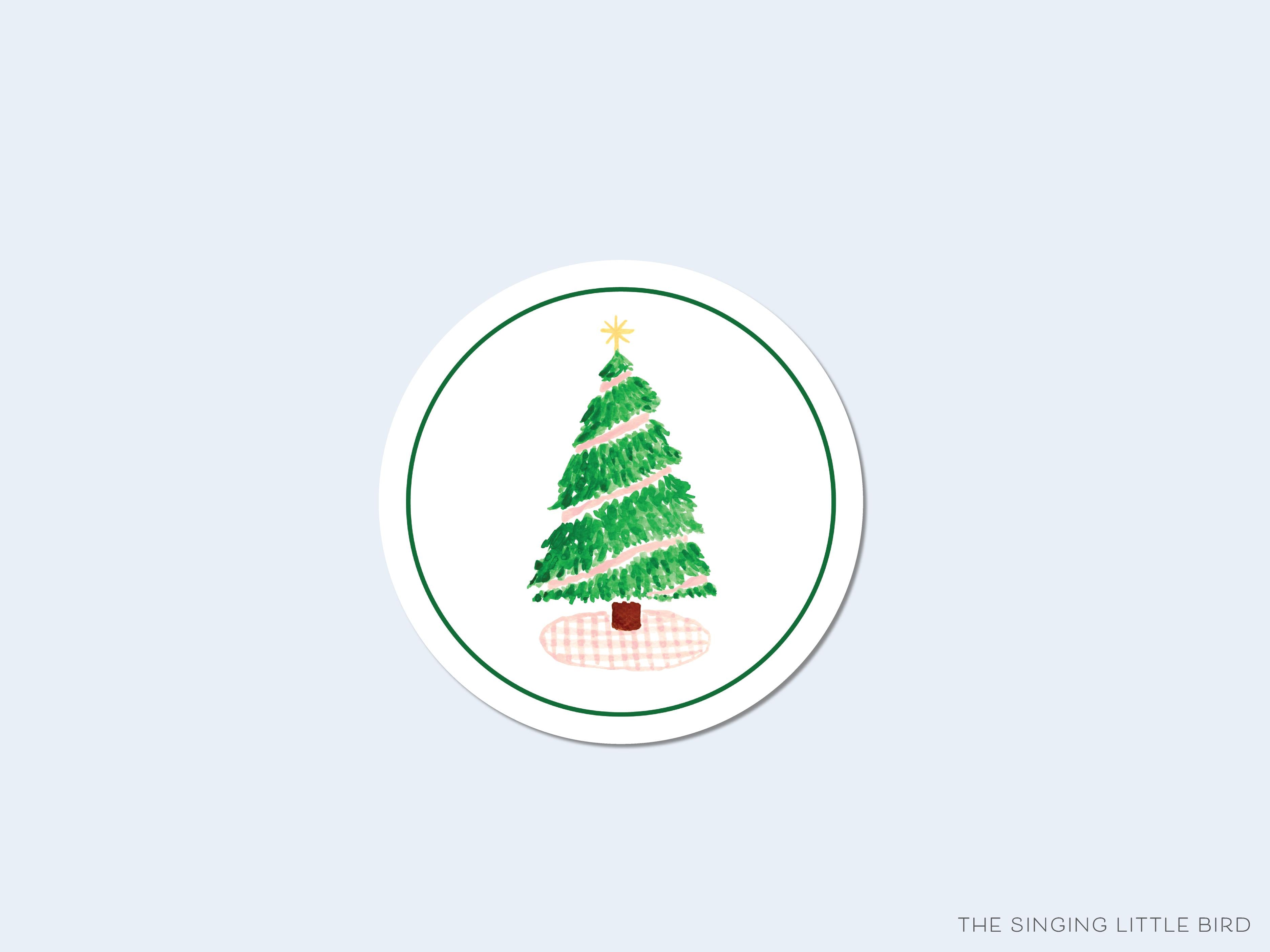 Pink Gingham Christmas Tree Round Stickers-These matte round stickers feature our hand-painted watercolor Christmas Tree and a pink gingham tree skirt, making great envelope seals or gifts for the holiday lover in your life.-The Singing Little Bird