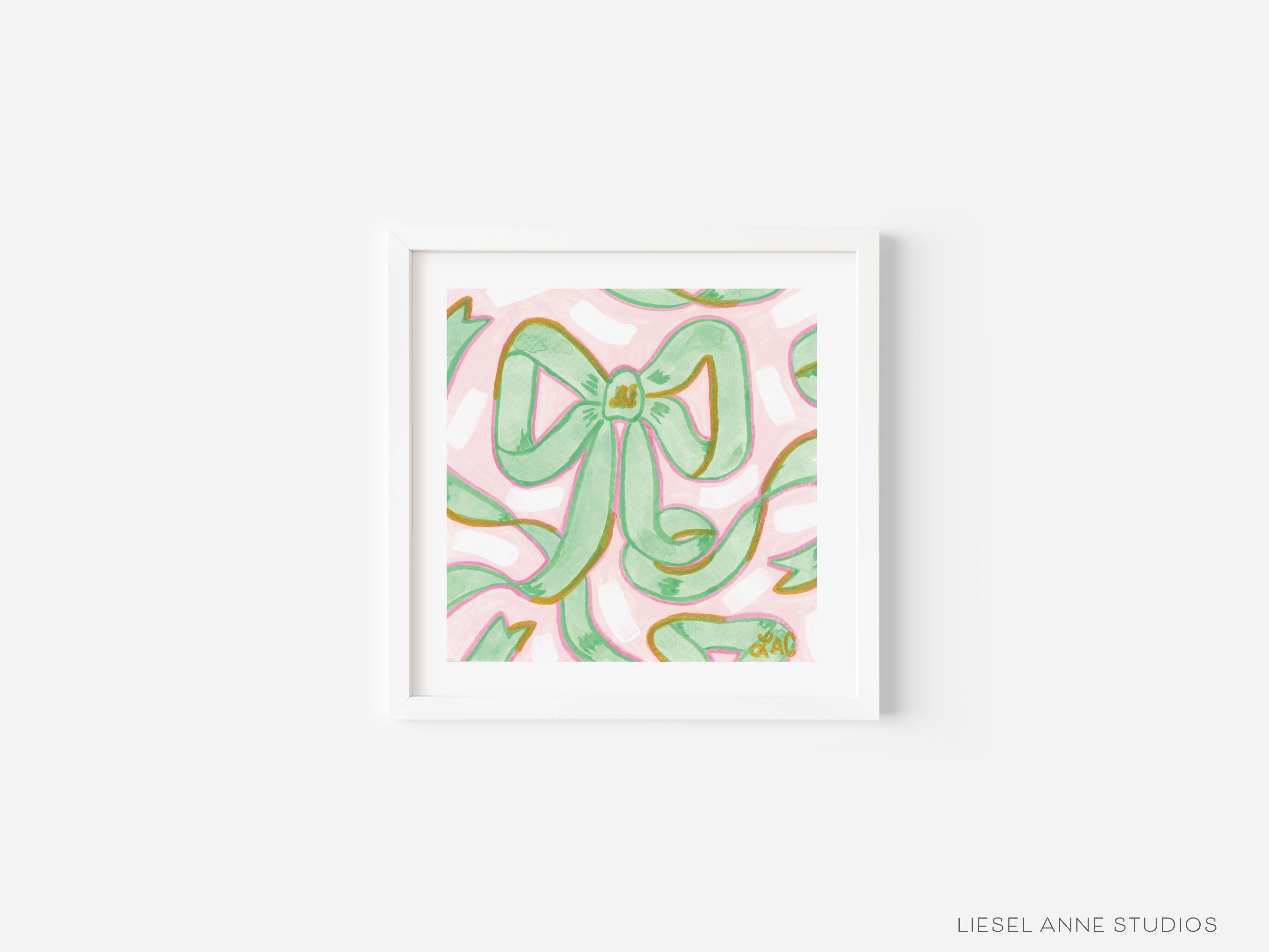 Pink & Green Golden Bows Art Print [5x5]-Art Print measures 5"x5" | Optional coordinating frame add on with hanging hardware and acrylic clear stand included | Features our signature Golden Bows design with a light pink base, light green bows and hand painted shimmery gold embellishments | Initialed in gold by Liesel Anne (the artist) on the front and signed and dated on the back-The Singing Little Bird