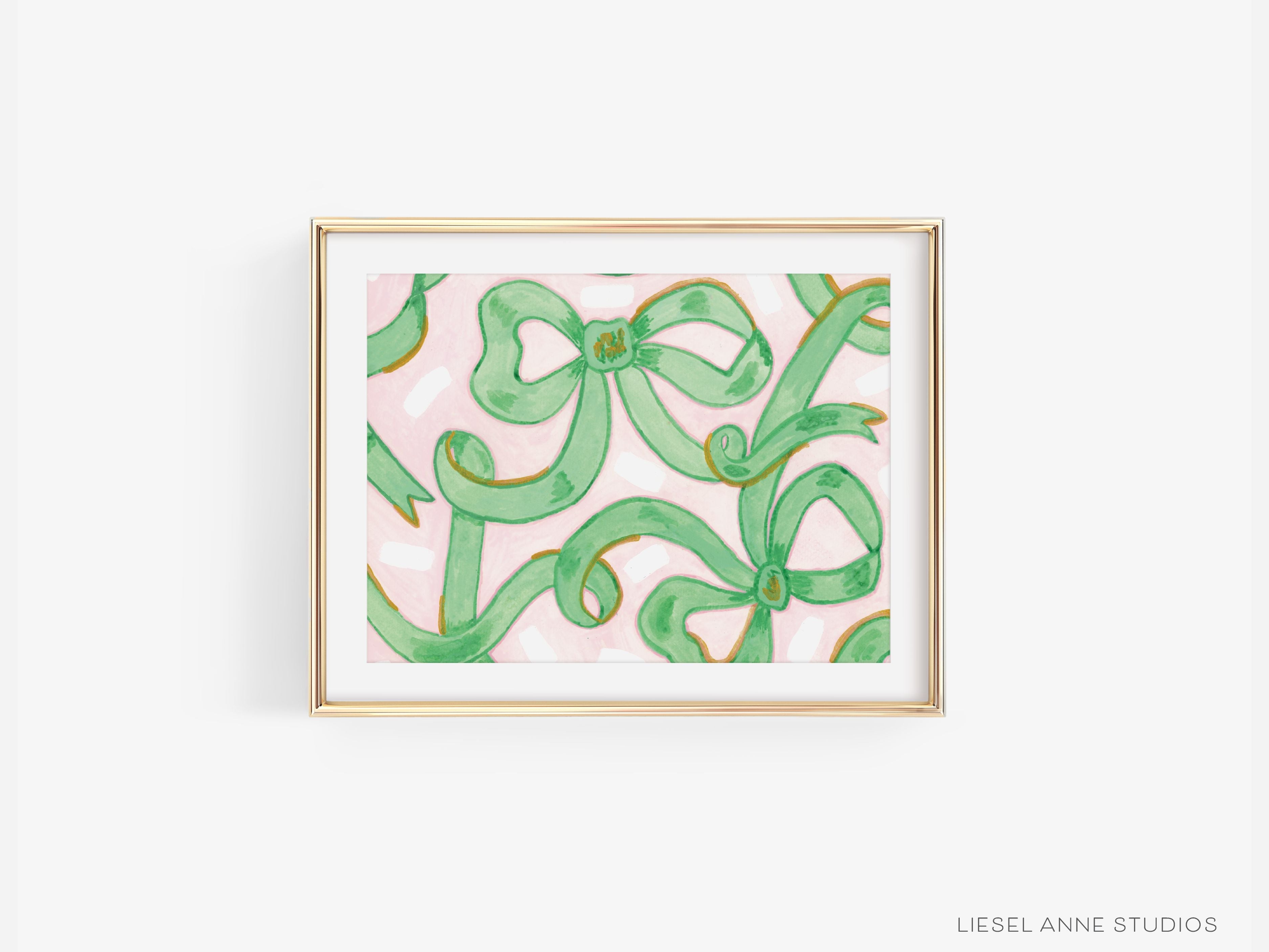 Pink & Green Golden Bows Art Print [8x10]-Art Print measures 8"x10" | Optional coordinating frame add on with hanging hardware and acrylic clear stand included | Features our signature Golden Bows design with a light pink base, light green bows and hand painted shimmery gold embellishments | Initialed in gold by Liesel Anne (the artist) on the front and signed and dated on the back-The Singing Little Bird