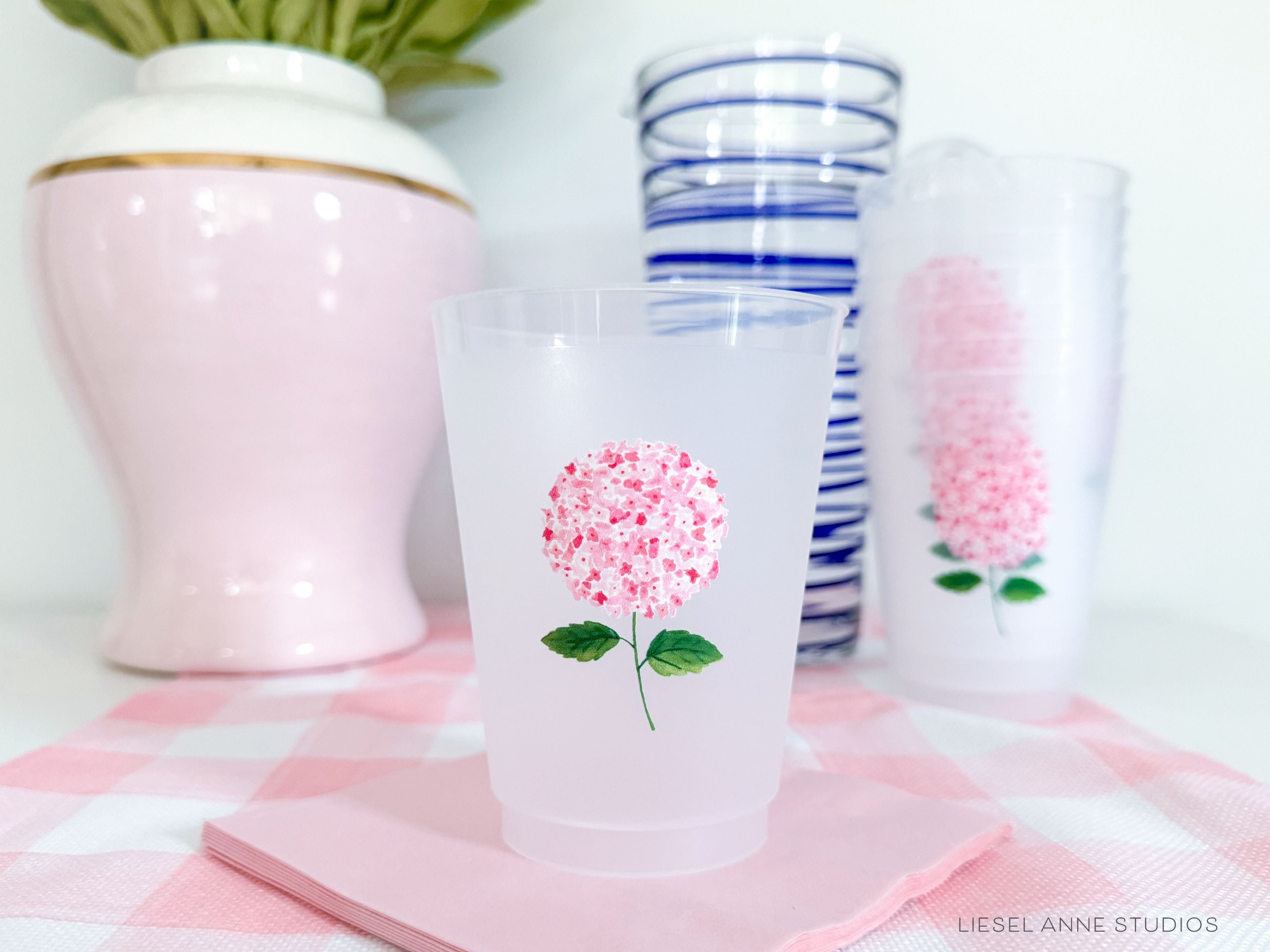 Pink Hydrangea 16oz Shatterproof Cups [Set of 8]-These shatterproof cups feature our hand-painted pink hydrangea and make great party decorations for baby showers, bridal showers, birthdays and more! They come in sets of 8 and are re-usable for other parties to come or make wonderful party favors!-The Singing Little Bird