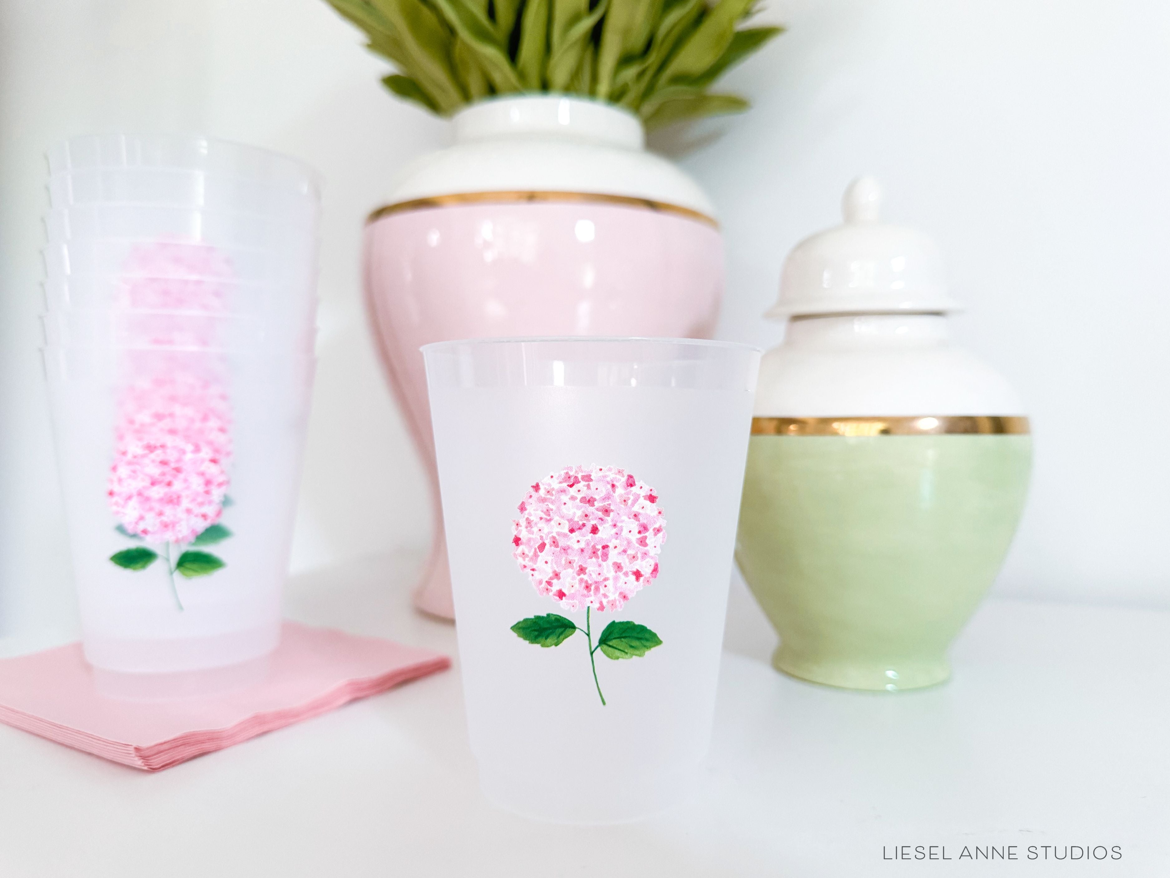 Pink Hydrangea 16oz Shatterproof Cups [Set of 8]-These shatterproof cups feature our hand-painted pink hydrangea and make great party decorations for baby showers, bridal showers, birthdays and more! They come in sets of 8 and are re-usable for other parties to come or make wonderful party favors!-The Singing Little Bird