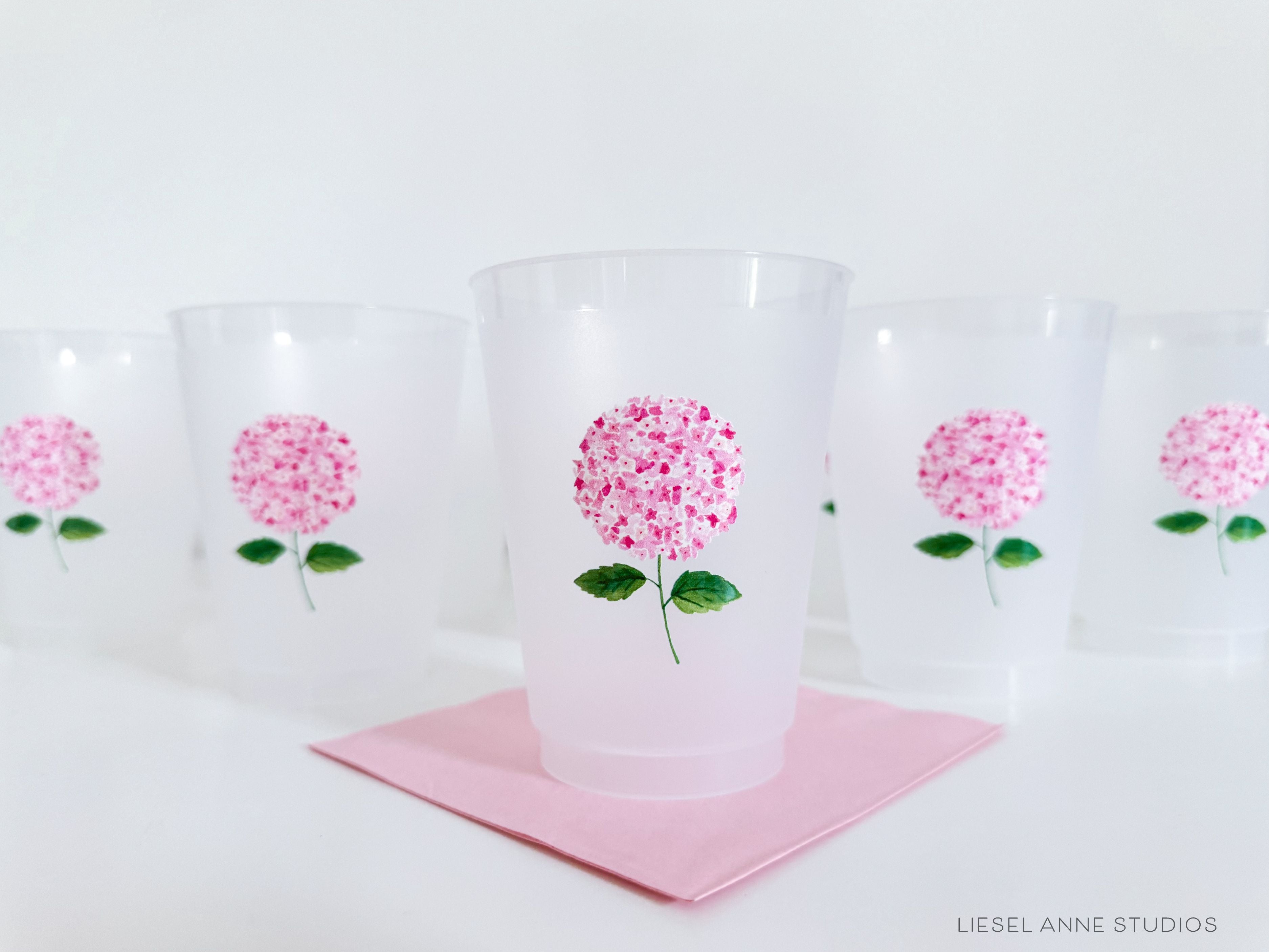 Pink Hydrangea 16oz Shatterproof Cups [Set of 8]-These shatterproof cups feature our hand-painted pink hydrangea and make great party decorations for baby showers, bridal showers, birthdays and more! They come in sets of 8 and are re-usable for other parties to come or make wonderful party favors!-The Singing Little Bird