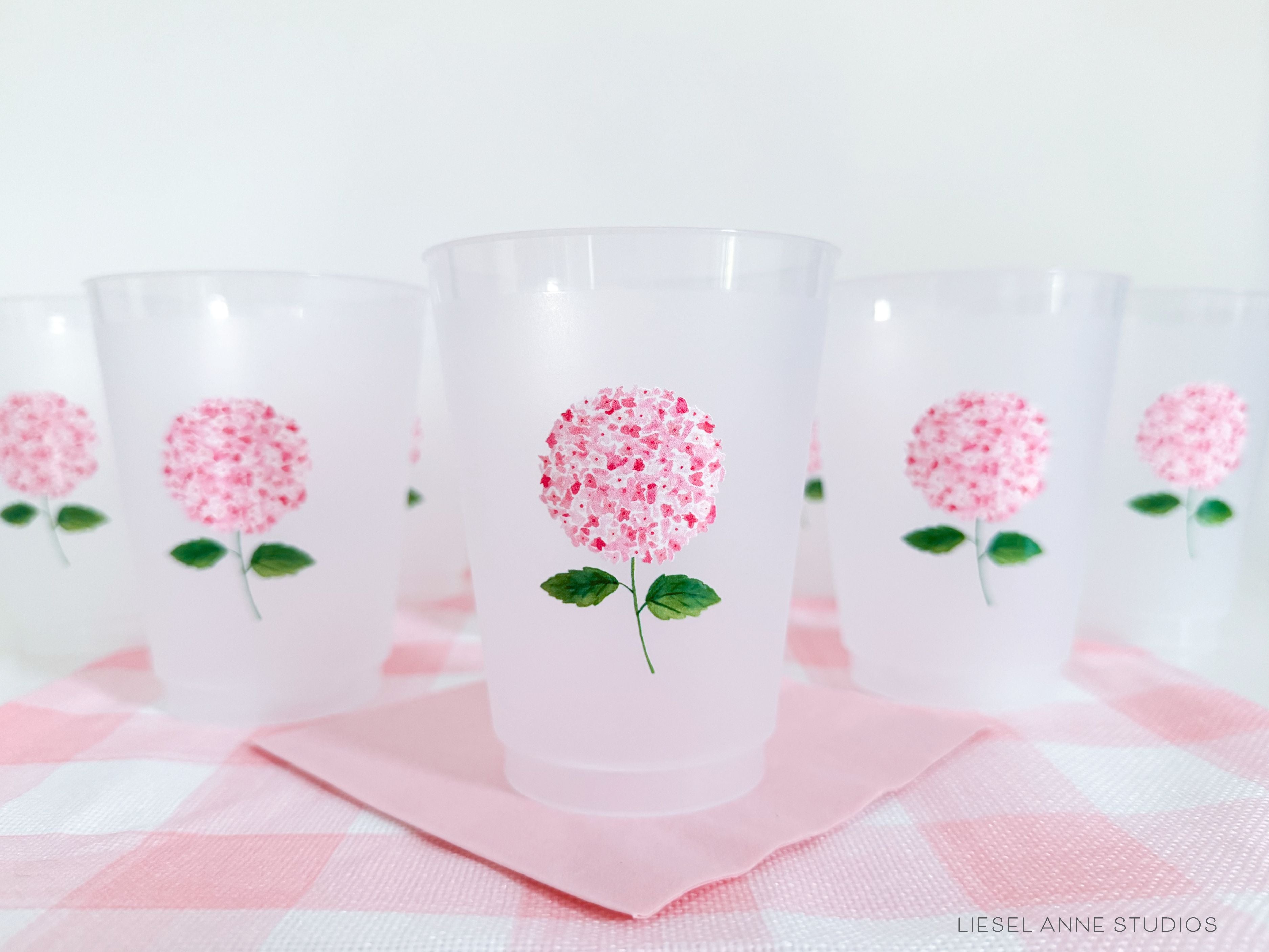 Pink Hydrangea 16oz Shatterproof Cups [Set of 8]-These shatterproof cups feature our hand-painted pink hydrangea and make great party decorations for baby showers, bridal showers, birthdays and more! They come in sets of 8 and are re-usable for other parties to come or make wonderful party favors!-The Singing Little Bird