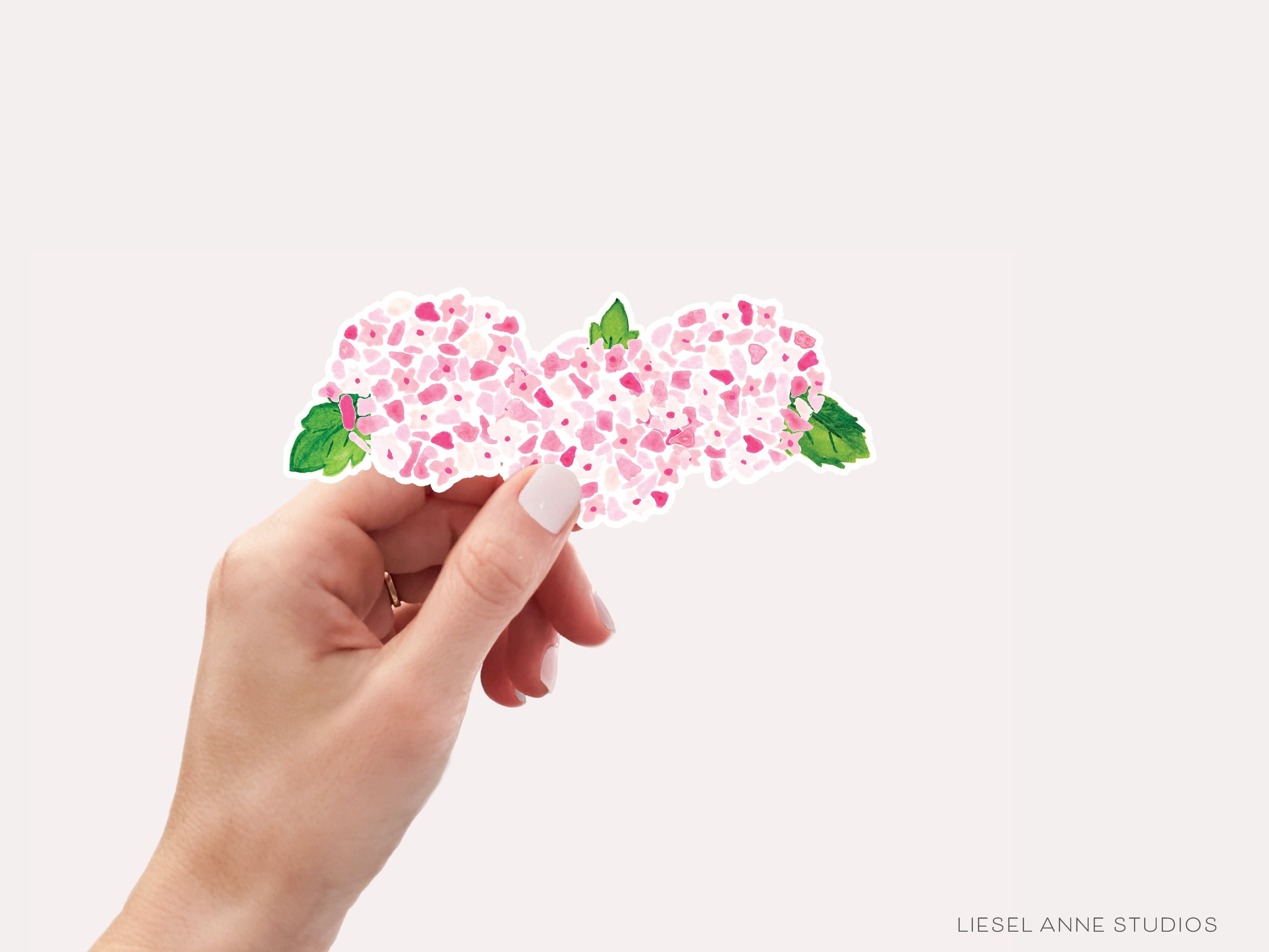 Pink Hydrangea Bunch Vinyl Sticker-These weatherproof die cut stickers feature our hand-painted watercolor pink hydrangea, making great laptop or water bottle stickers or gifts for the gardener in your life.-The Singing Little Bird