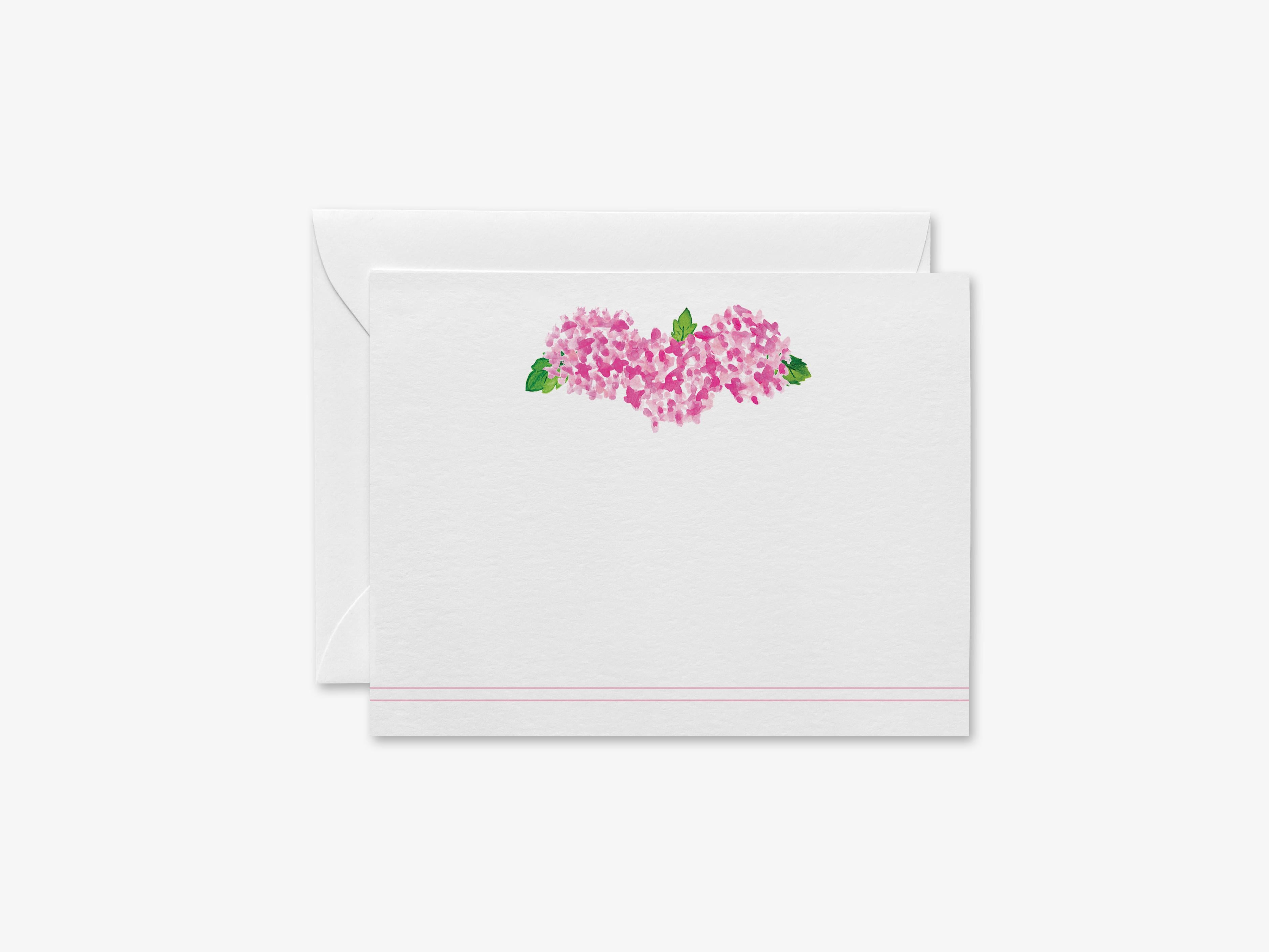 Pink Hydrangea Flat Notes [Sets of 8]-These flat notecards are 4.25x5.5 and feature our hand-painted watercolor Hydrangeas, printed in the USA on 120lb textured stock. They come with white envelopes and make great thank yous and gifts for the floral lover in your life.-The Singing Little Bird