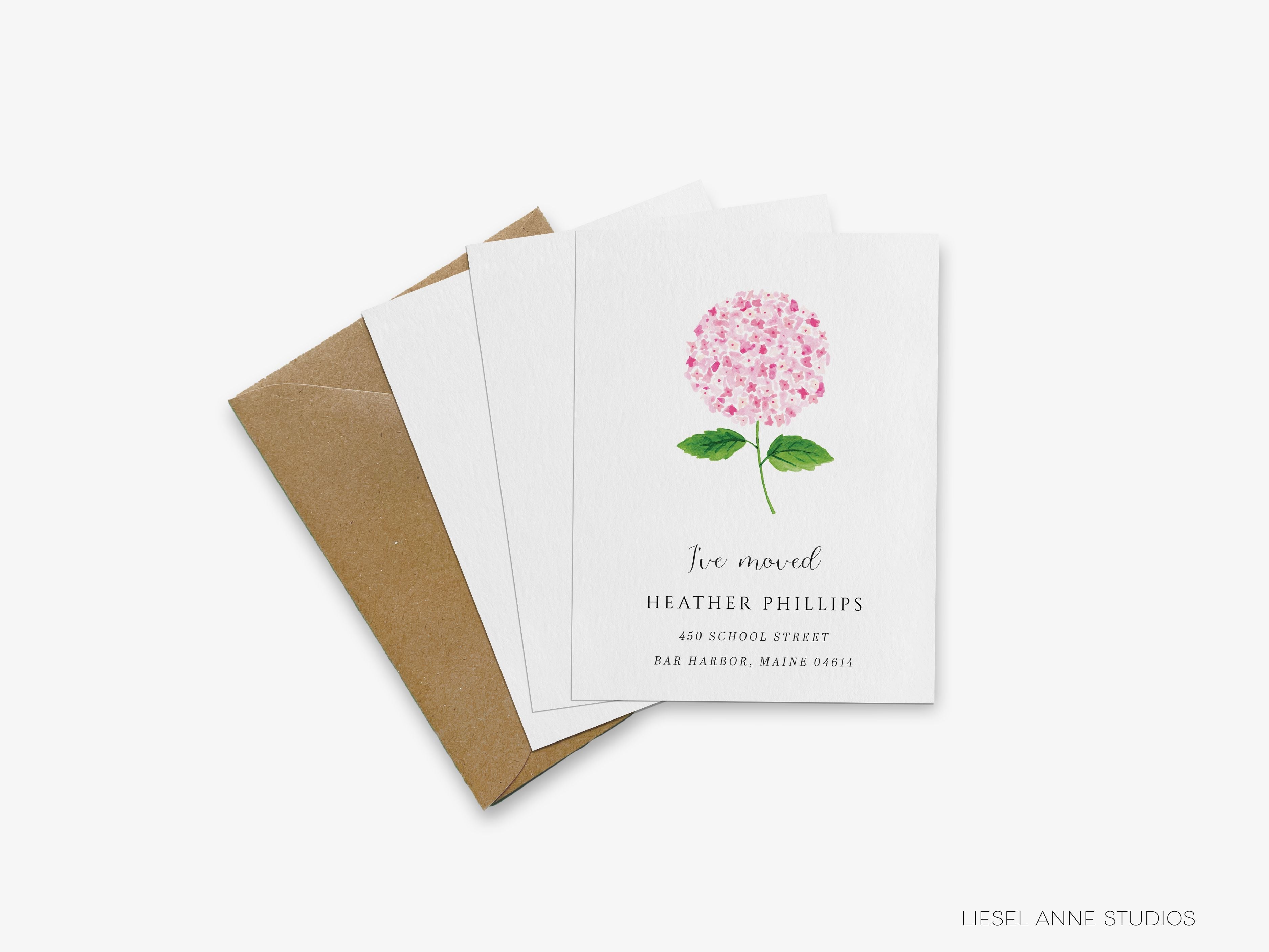 Pink Hydrangea Moving Announcement-These personalized flat change of address cards are 4.25x5.5 and feature our hand-painted watercolor pink hydrangea, printed in the USA on 120lb textured stock. They come with your choice of envelopes and make great moving announcements for the floral lover.-The Singing Little Bird