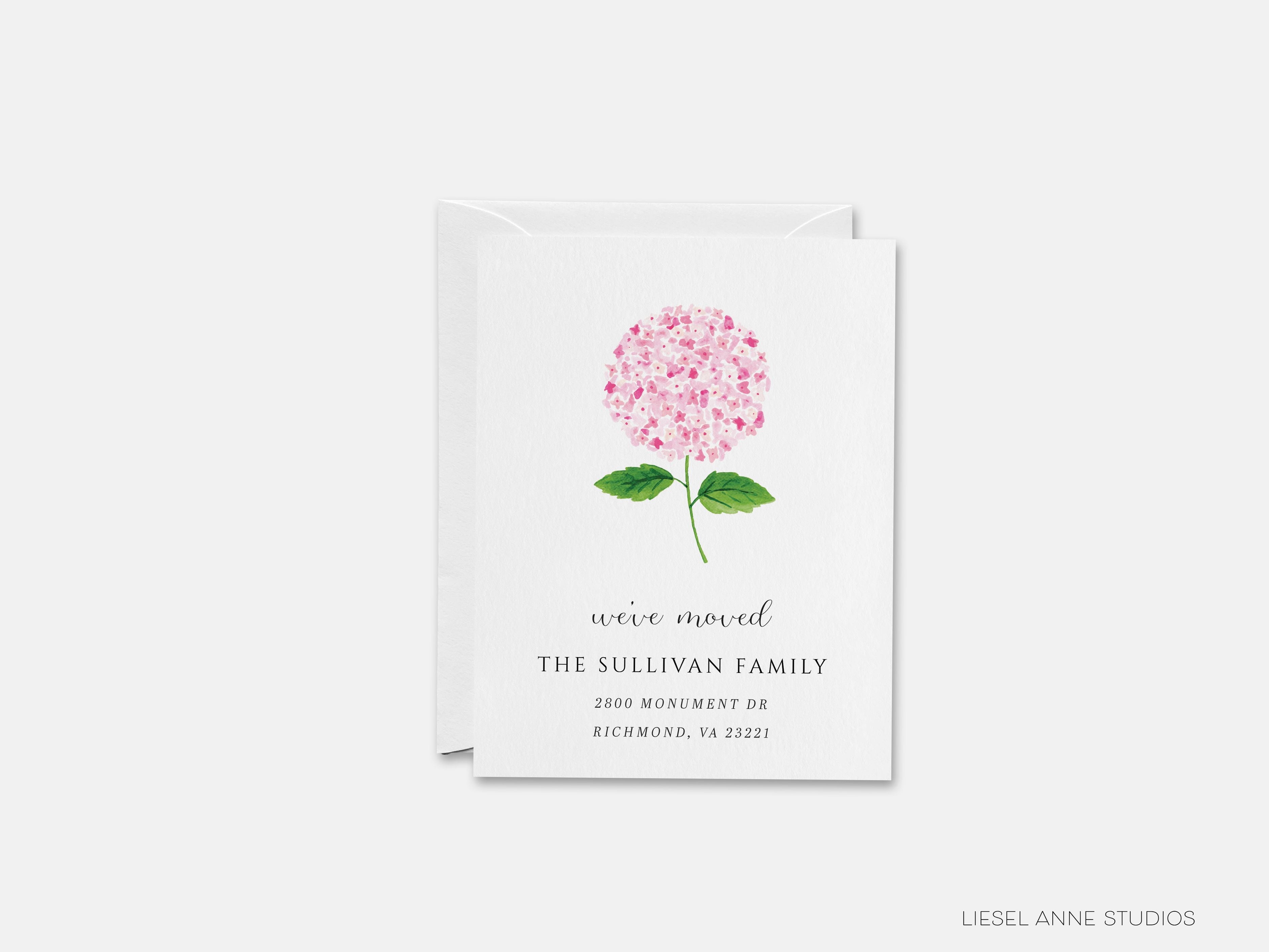 Pink Hydrangea Moving Announcement-These personalized flat change of address cards are 4.25x5.5 and feature our hand-painted watercolor pink hydrangea, printed in the USA on 120lb textured stock. They come with your choice of envelopes and make great moving announcements for the floral lover.-The Singing Little Bird